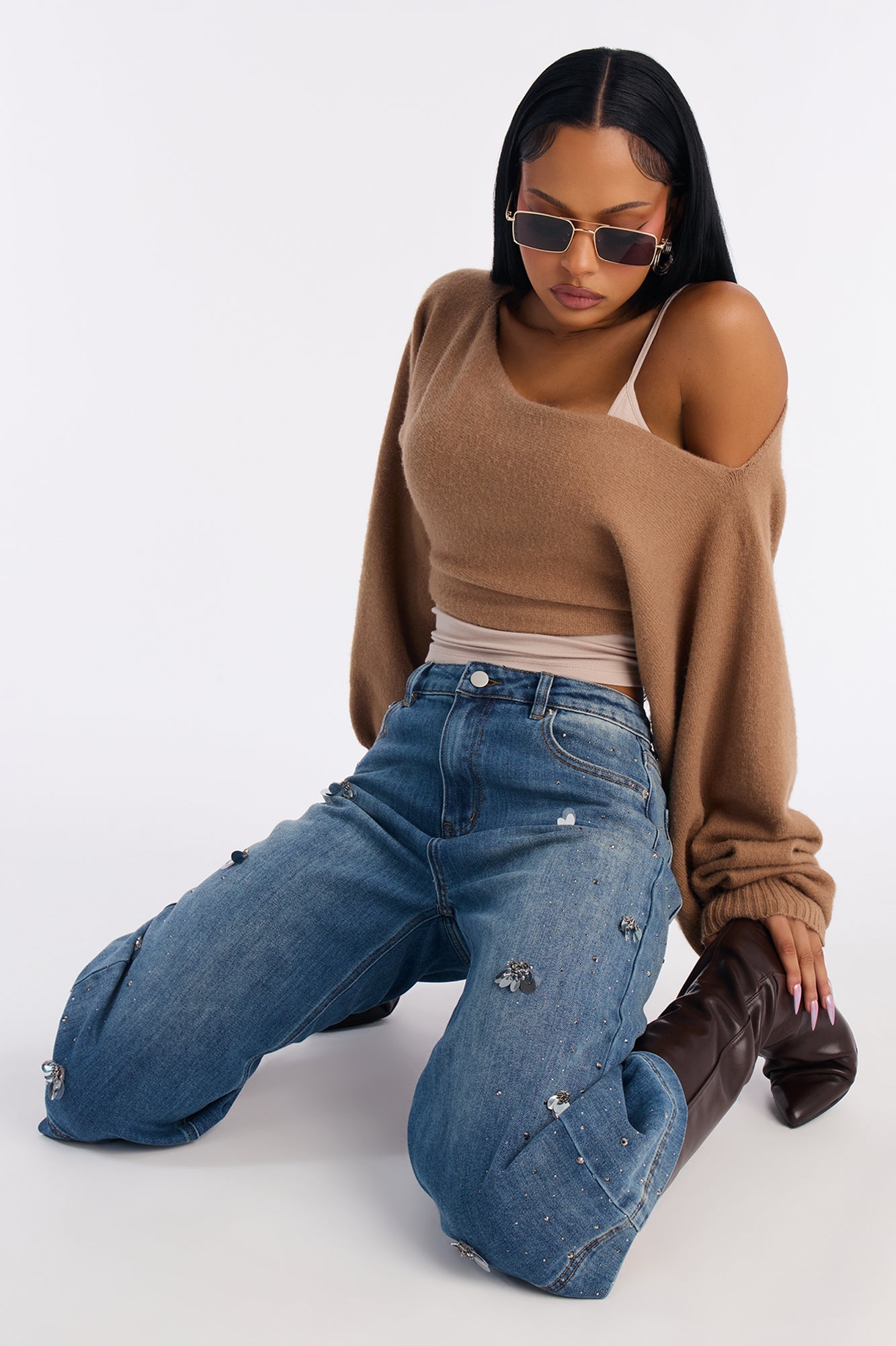 Fine Taste Embellished Culotte Jeans - Dark Wash