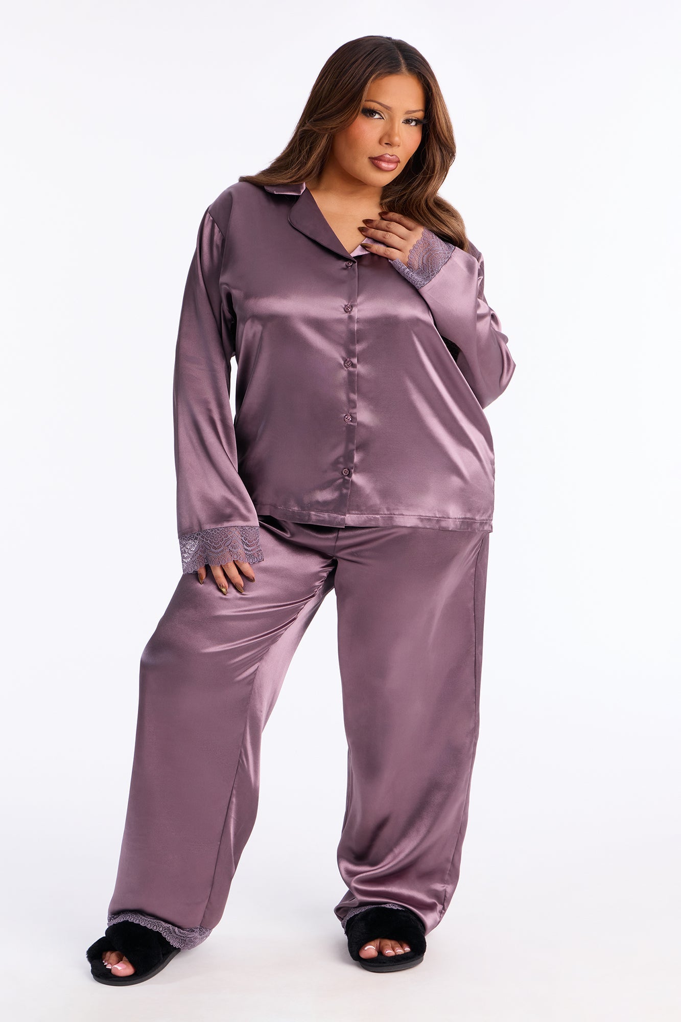 Getting Sleepy Satin Lace Trim Long Sleeve PJ Pant Set - Purple