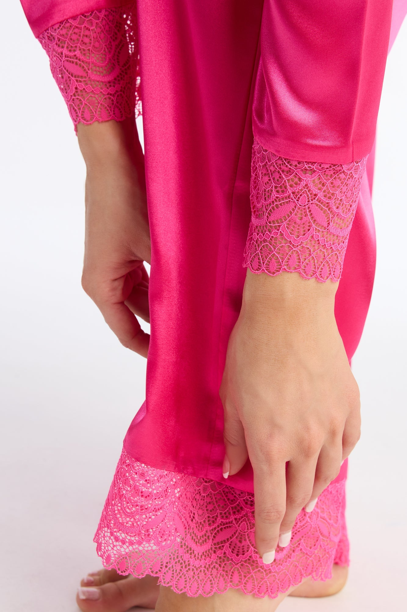 Getting Sleepy Satin Lace Trim Long Sleeve PJ Pant Set - Hot Pink