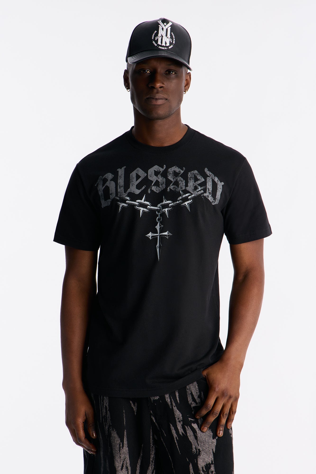 Blessed Cross Chain Graphic Short Sleeve Tee - Black
