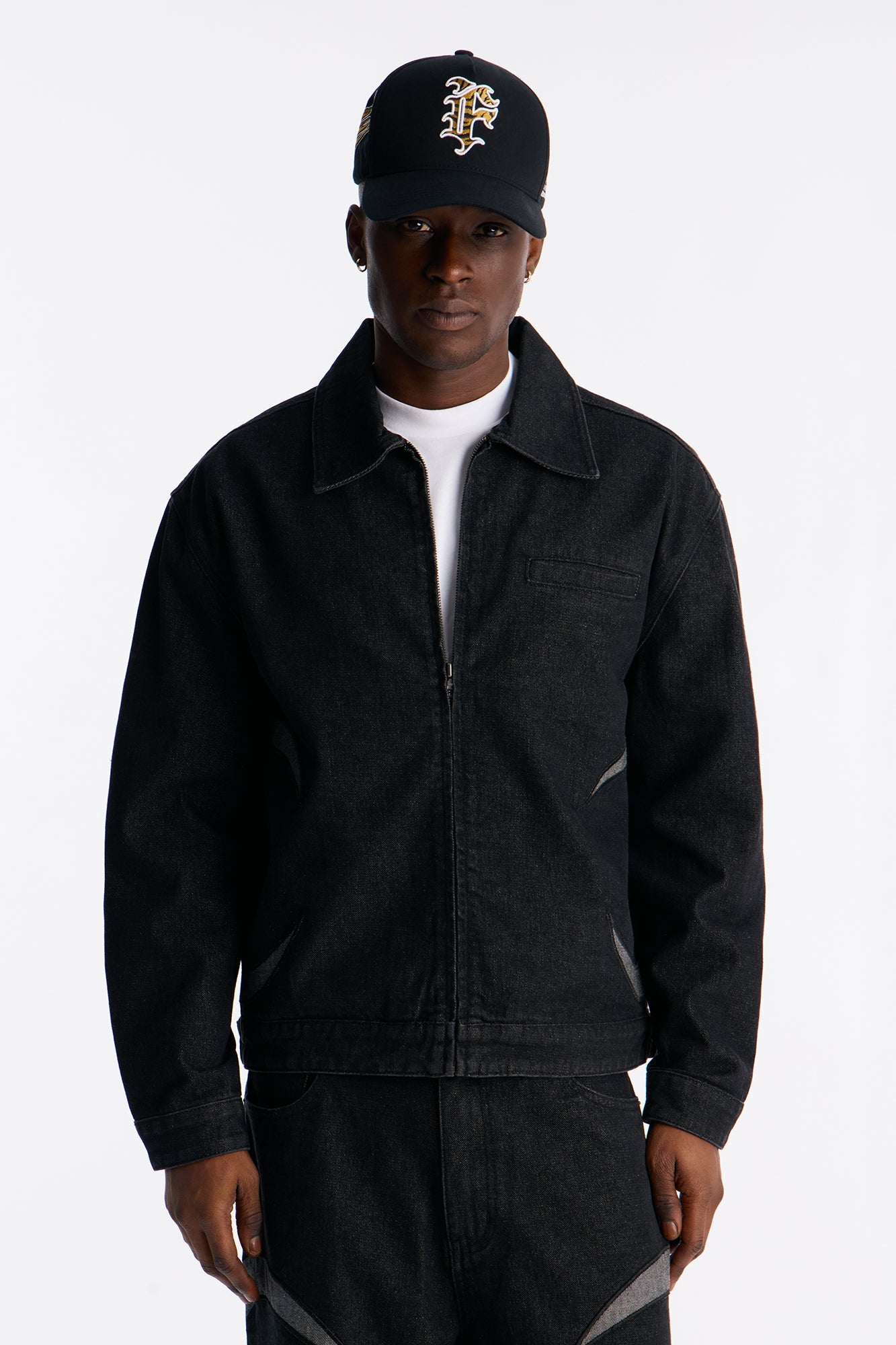Cropped Crescent Denim Work Jacket - Black