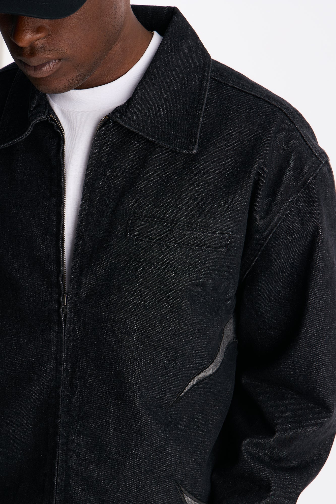Cropped Crescent Denim Work Jacket - Black