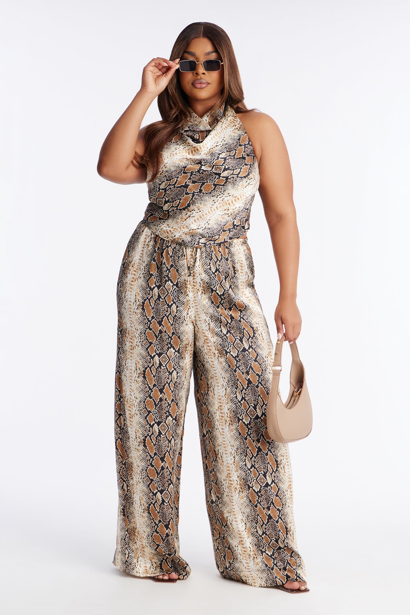 Kaylee Satin Snake Print Pant Set - Black/combo