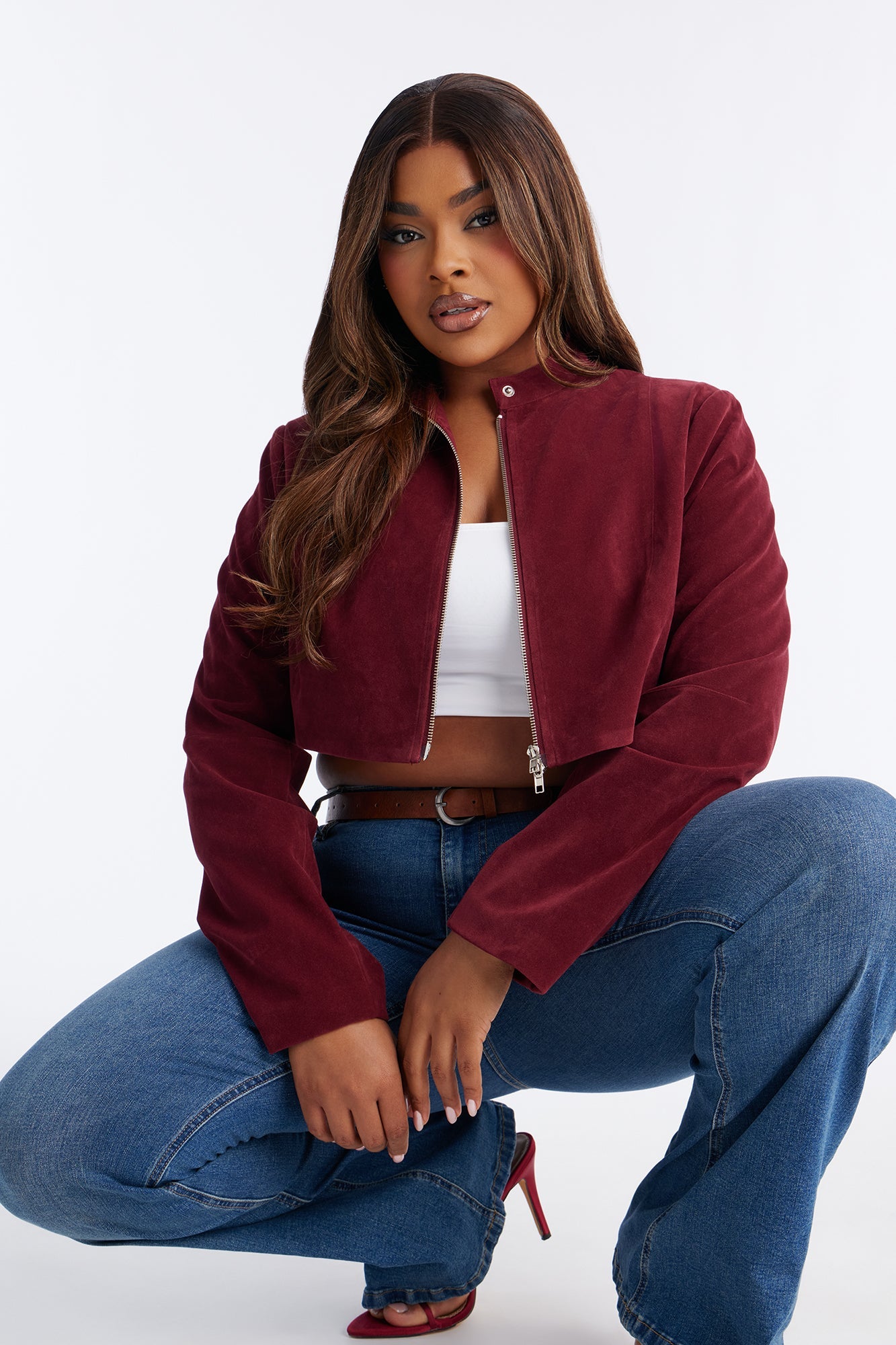 Blake Cropped Faux Suede Moto Jacket - Red