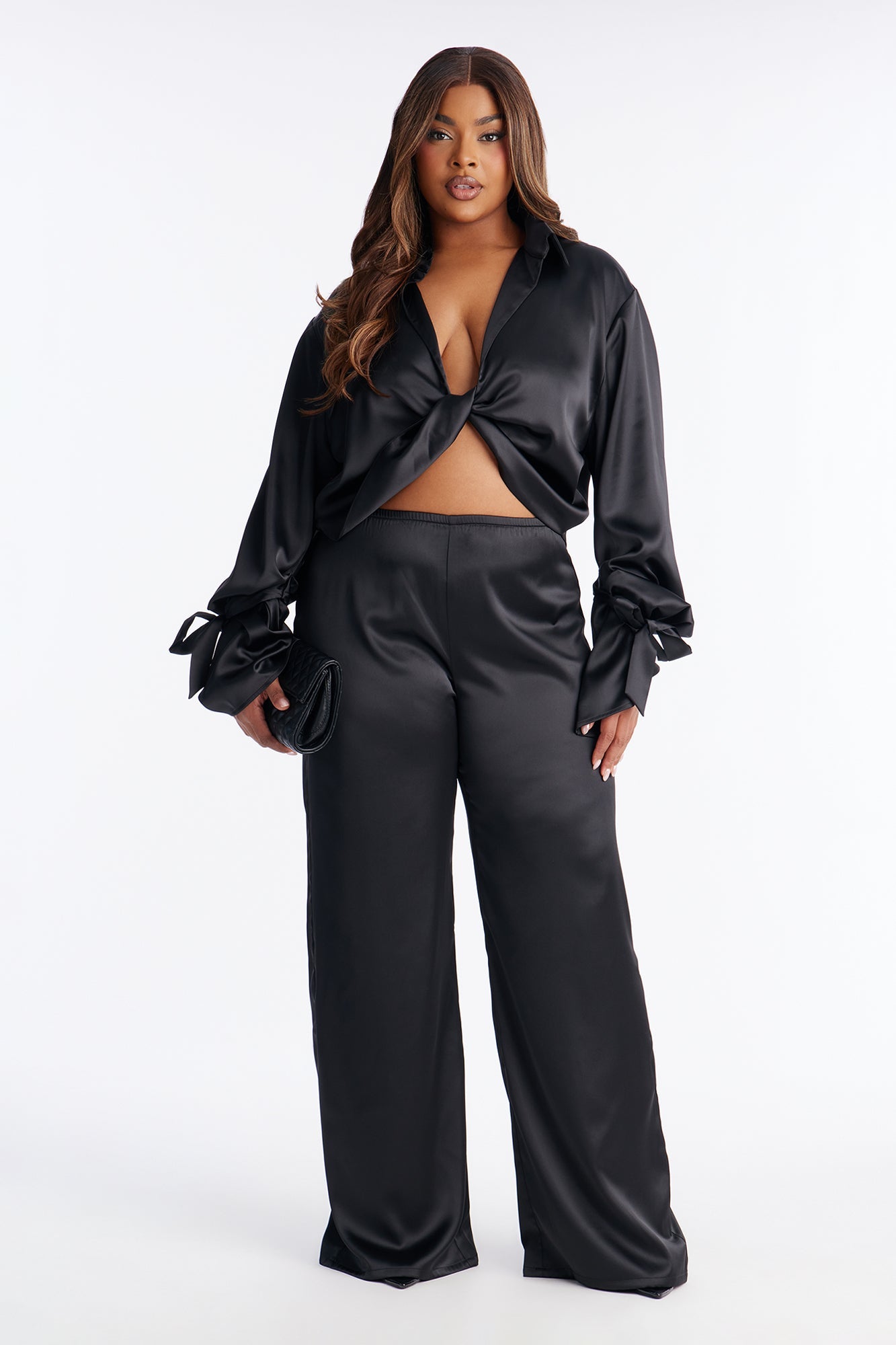 Lost In Allure Satin Pant Set - Black
