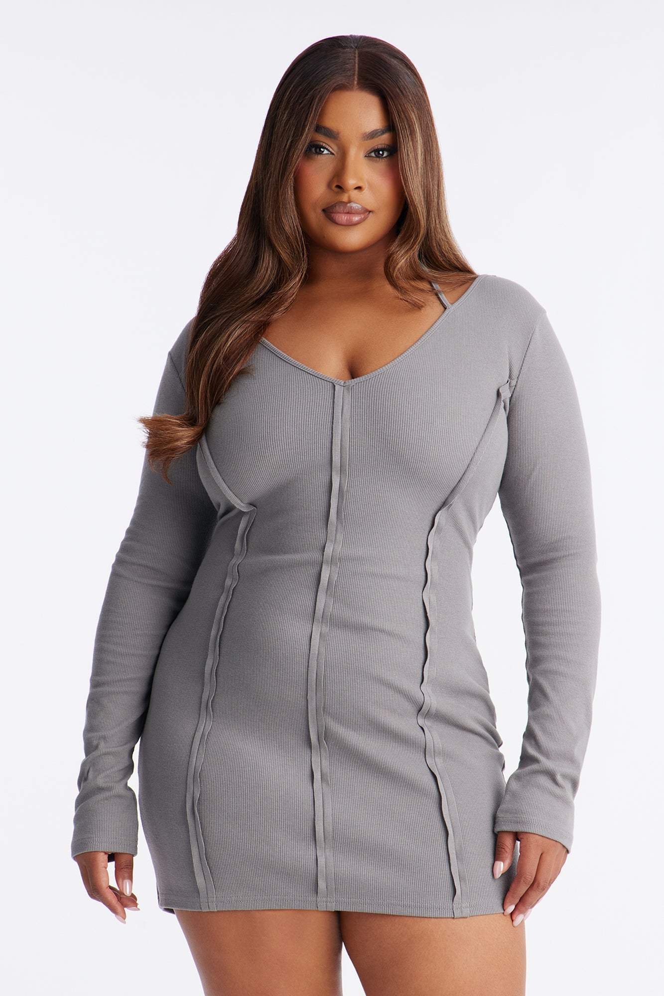 Celeste Long Sleeve Ribbed Mini Dress - Grey
