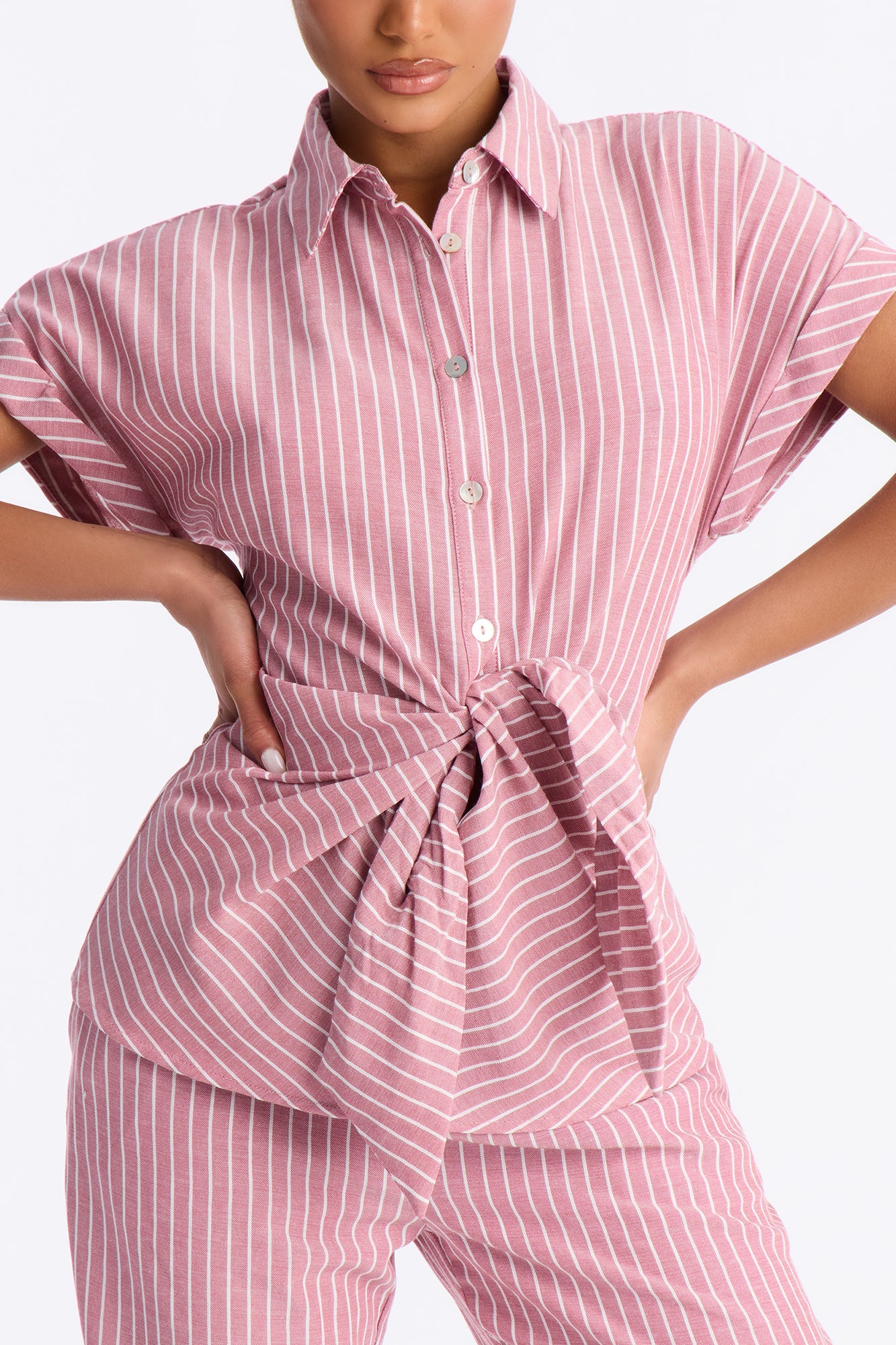 Lily Tie Front Stripe Linen Pant Set - Mauve