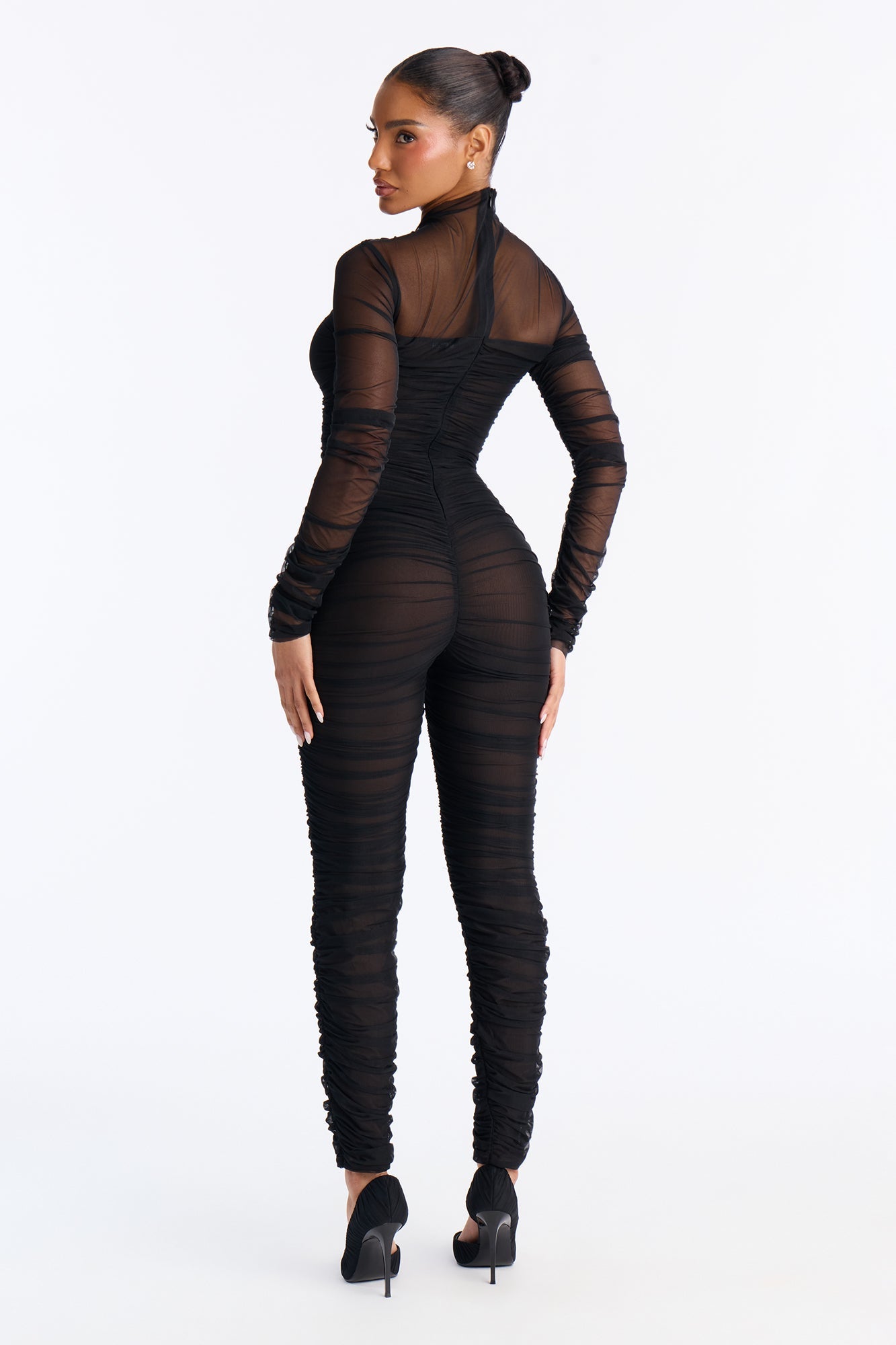 Burning Love Long Sleeve Mesh Jumpsuit - Black