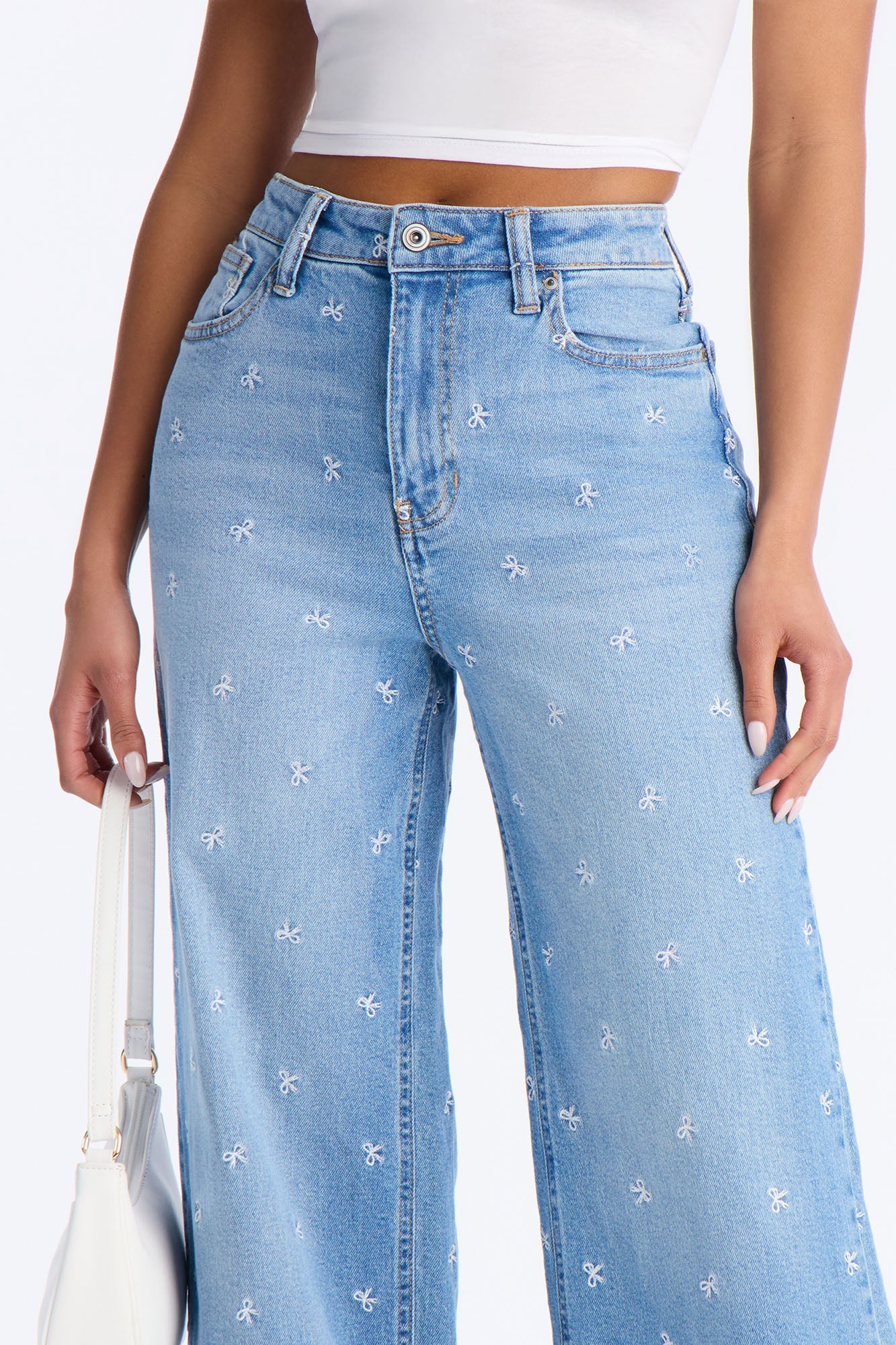 Bow Embroidered Wide Leg Jeans - Medium Wash