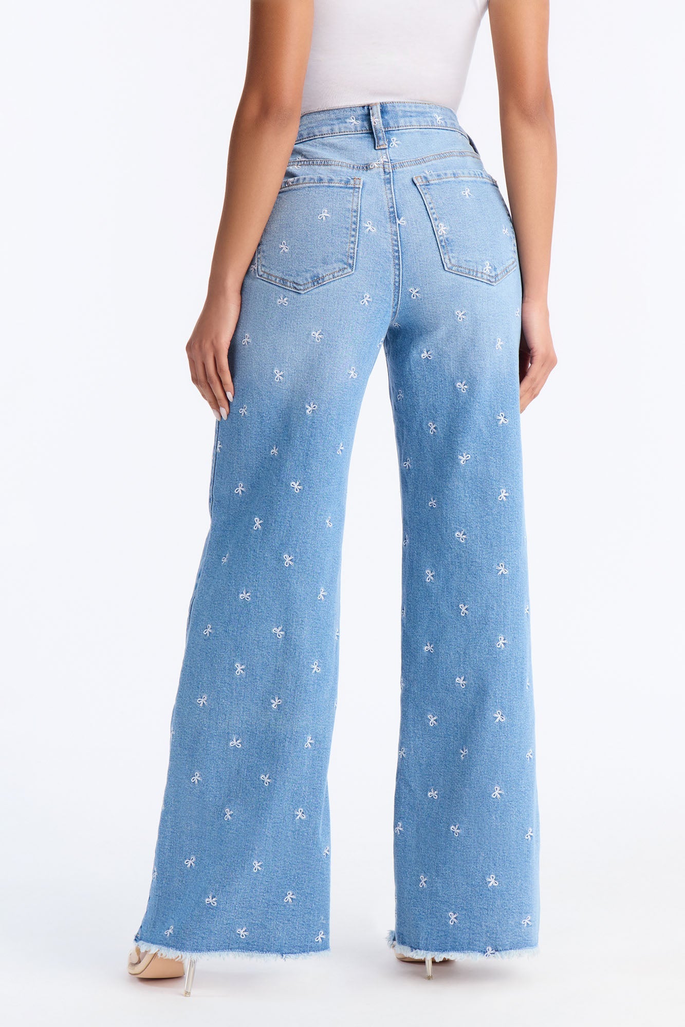 Bow Embroidered Wide Leg Jeans - Medium Wash