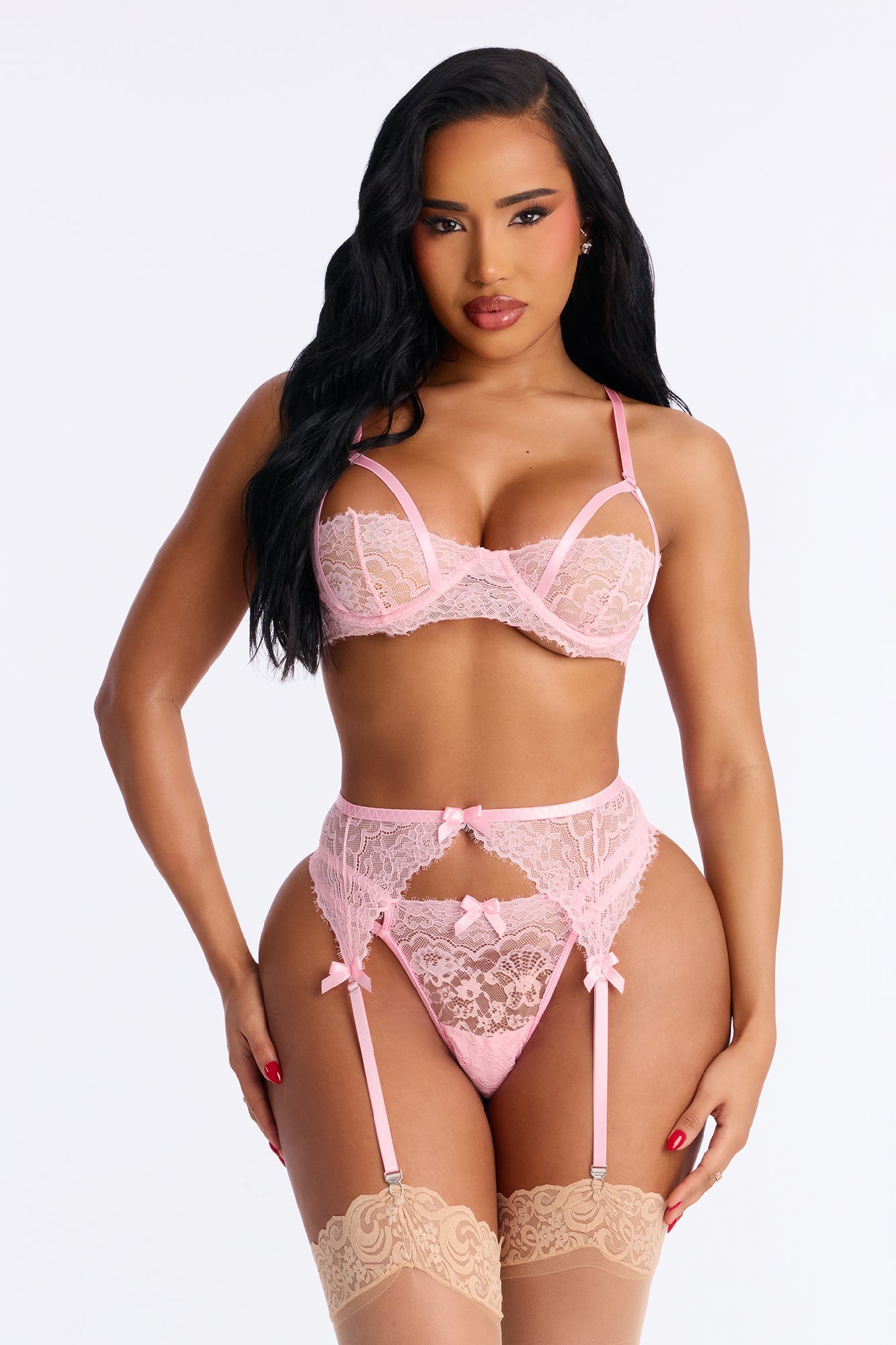 Lana 3 Piece Lace Bra And Panty Garter Set - Pink