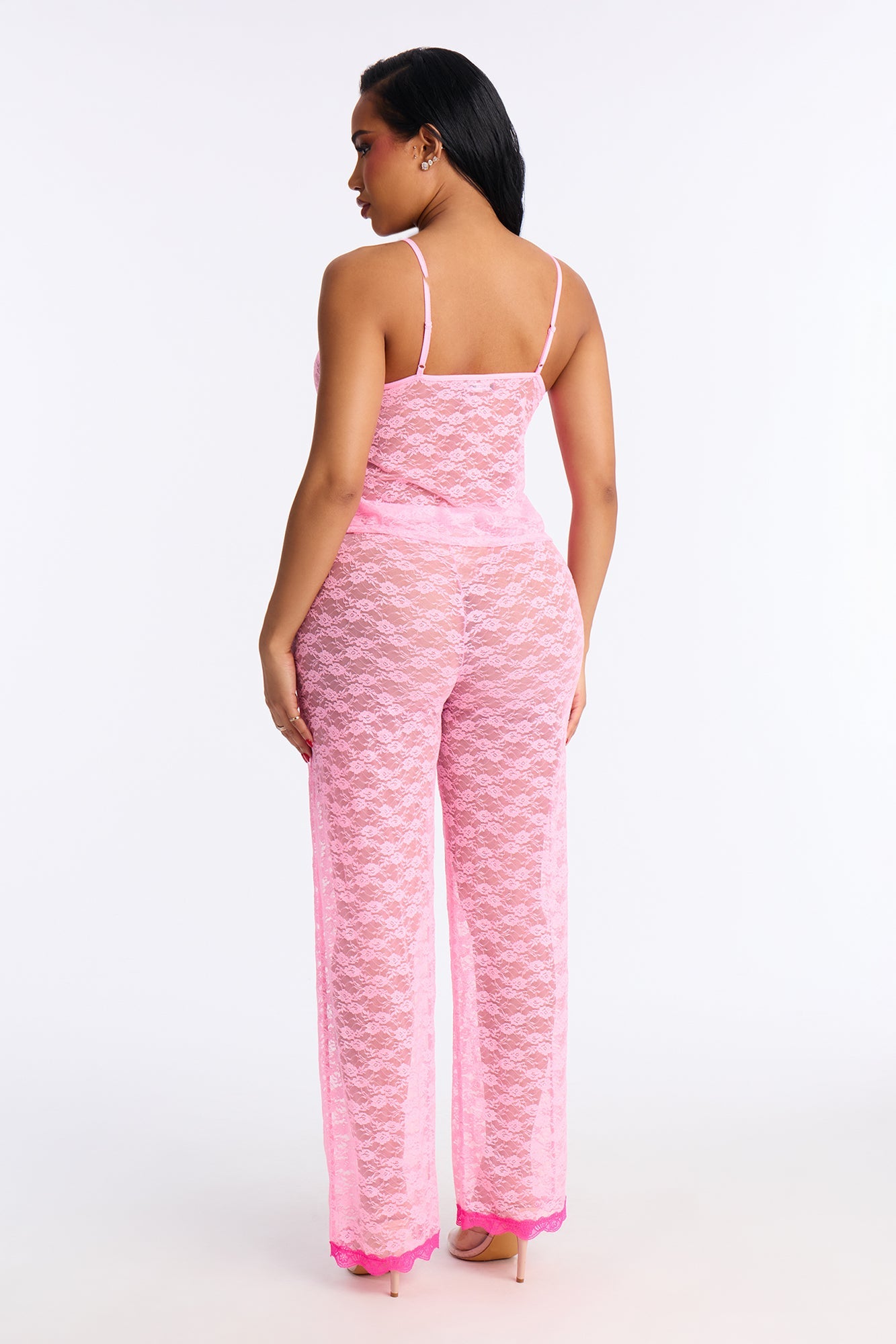 Nights Of Romance Lace Tie Front Cami Pant 2 Piece Set - Pink