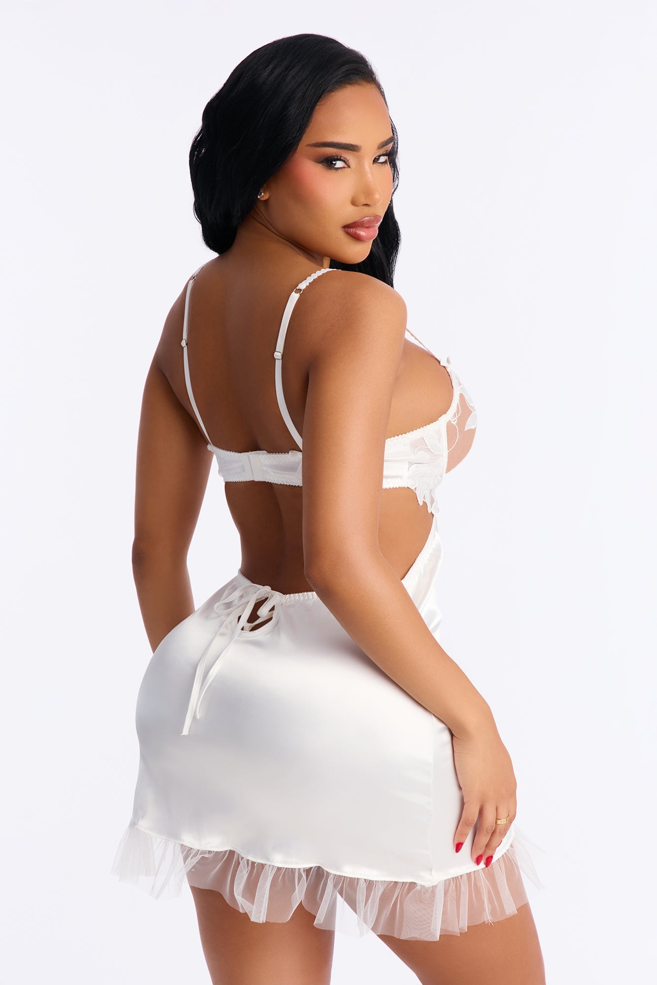 Love Me Not Satin Embroidered Babydoll - White