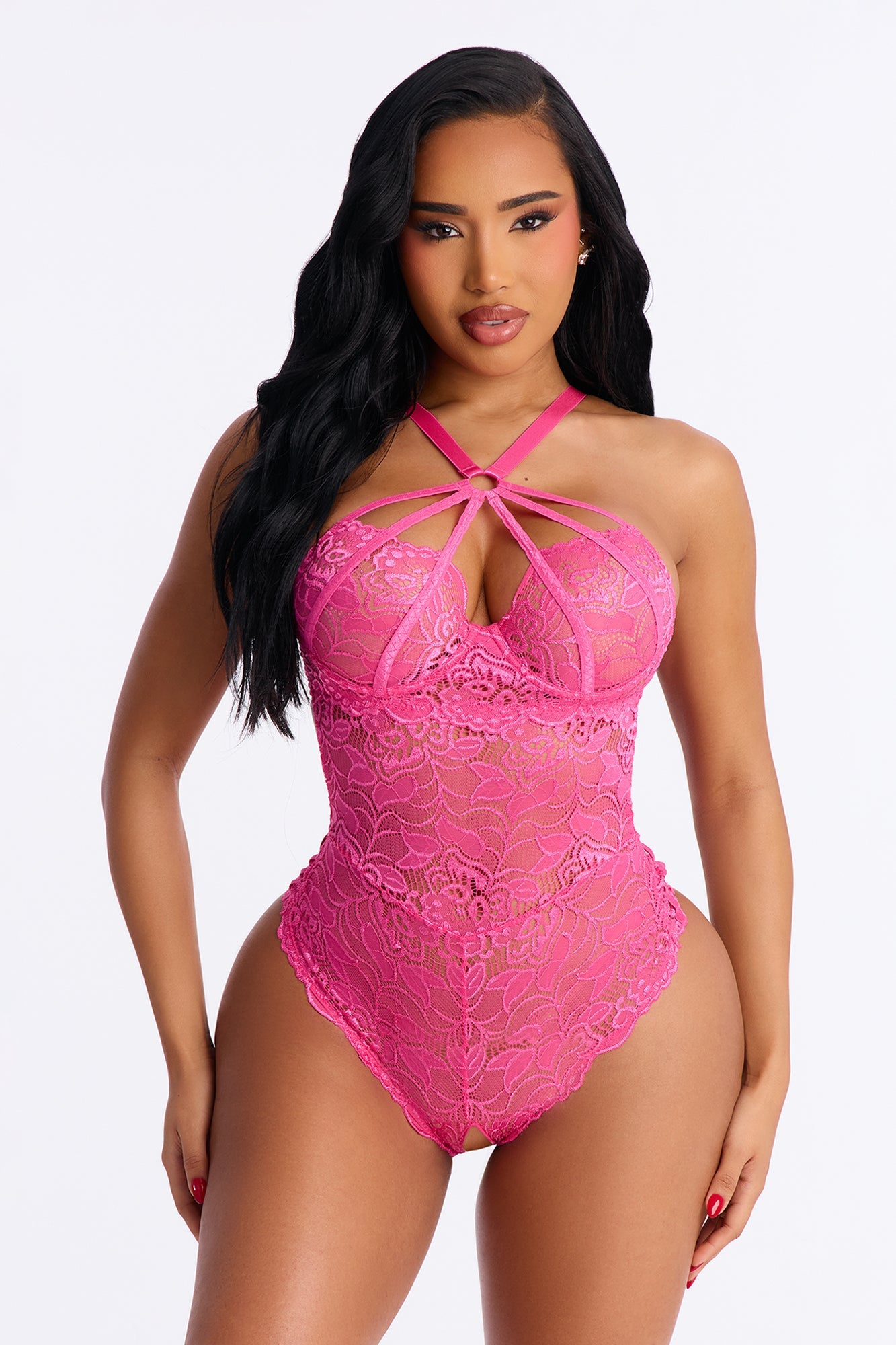 Bare Your Intentions Lace Crotchless Teddy - Pink