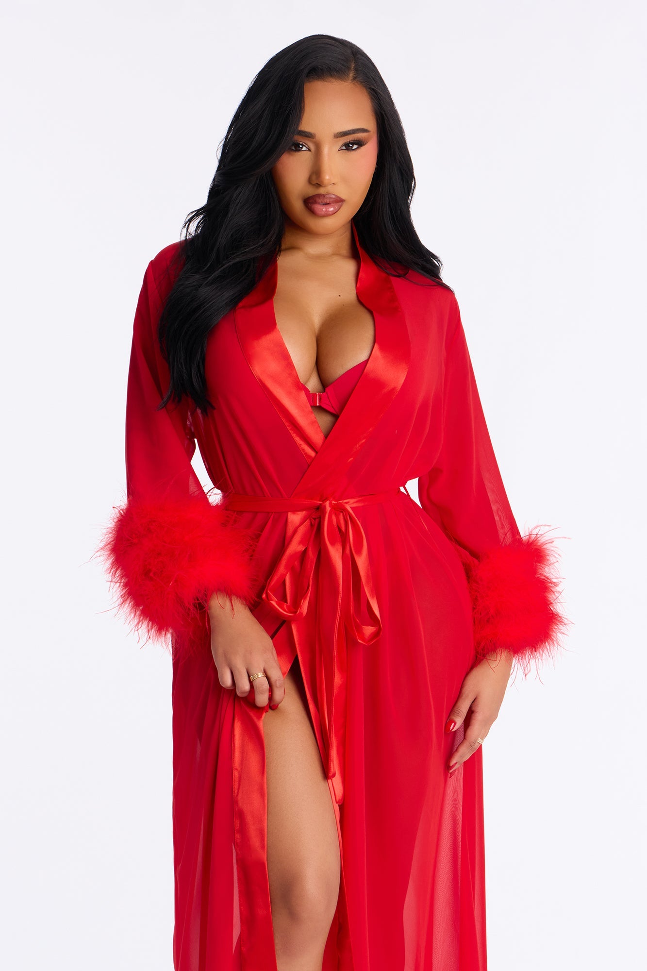 Love Me Harder Sheer Feather Trim Robe - Red