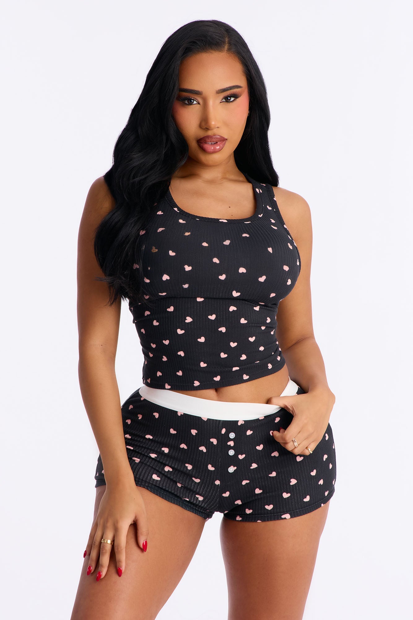 Fall For You Ribbed Tank PJ Boxer Short Set - Black/Pink