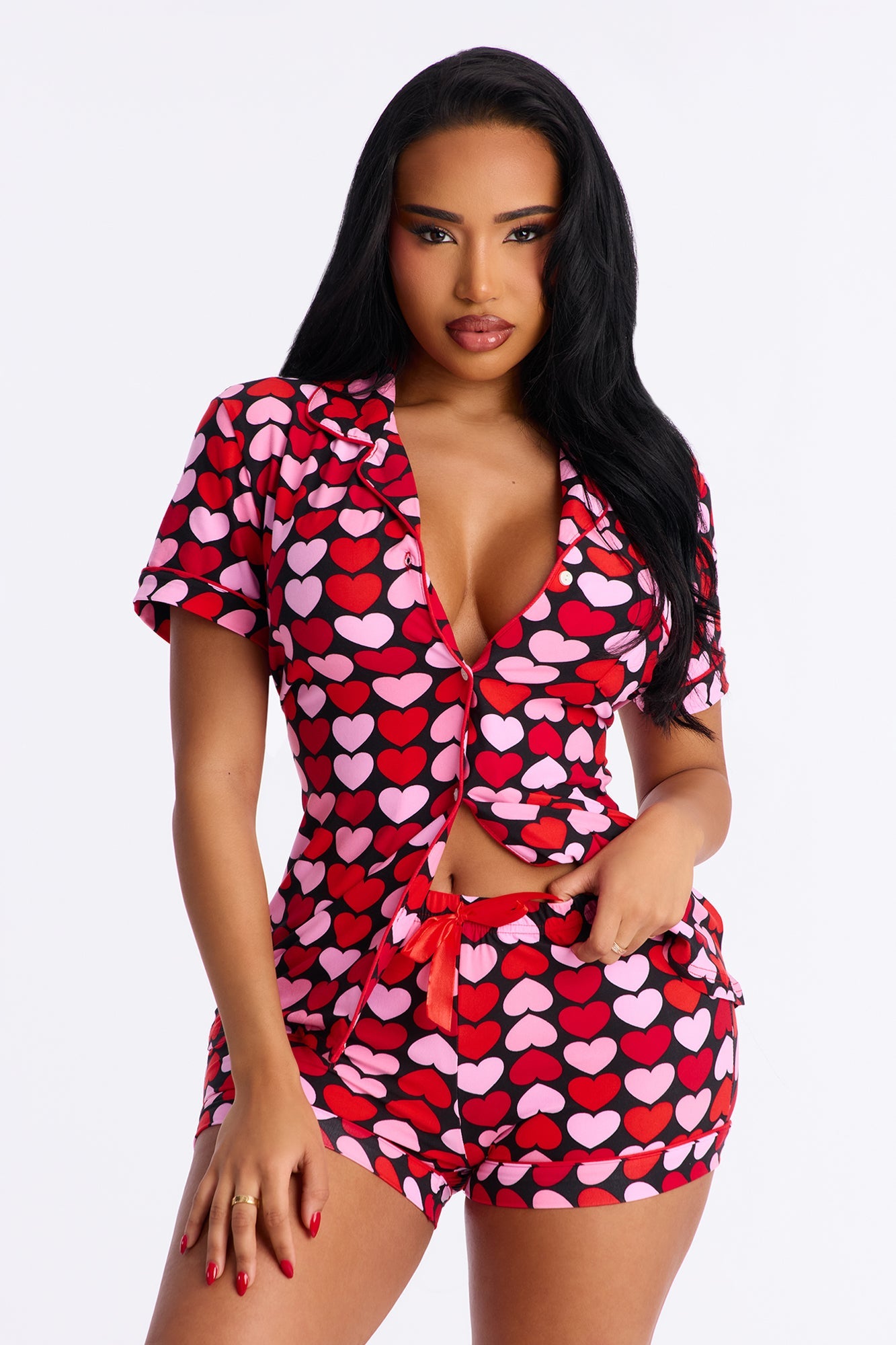 Falling In Love Short Sleeve PJ Short Set - Red/combo