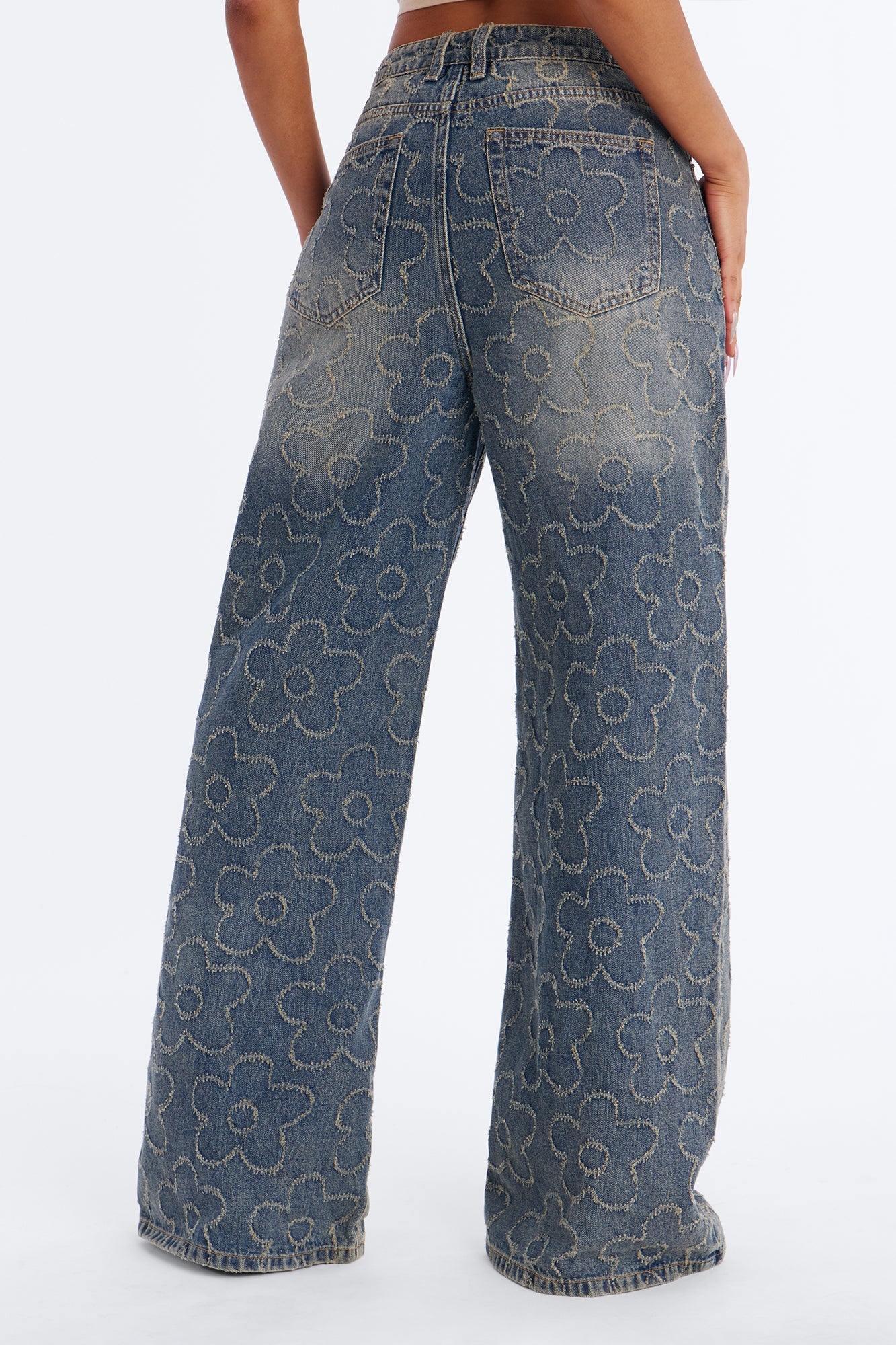 Flower Power Crossover Wide Leg Jeans - Vintage Wash