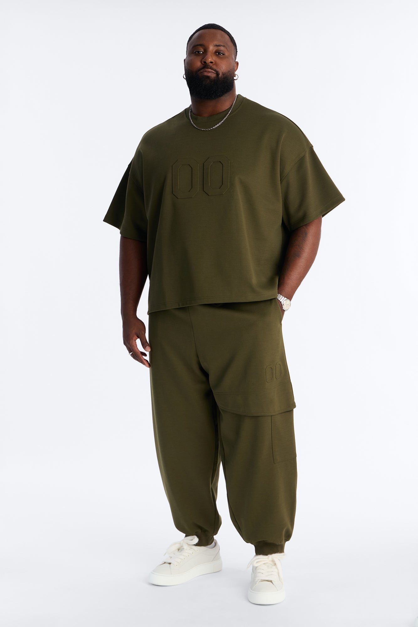 Structured Fleece Embossed Number Tee - Olive