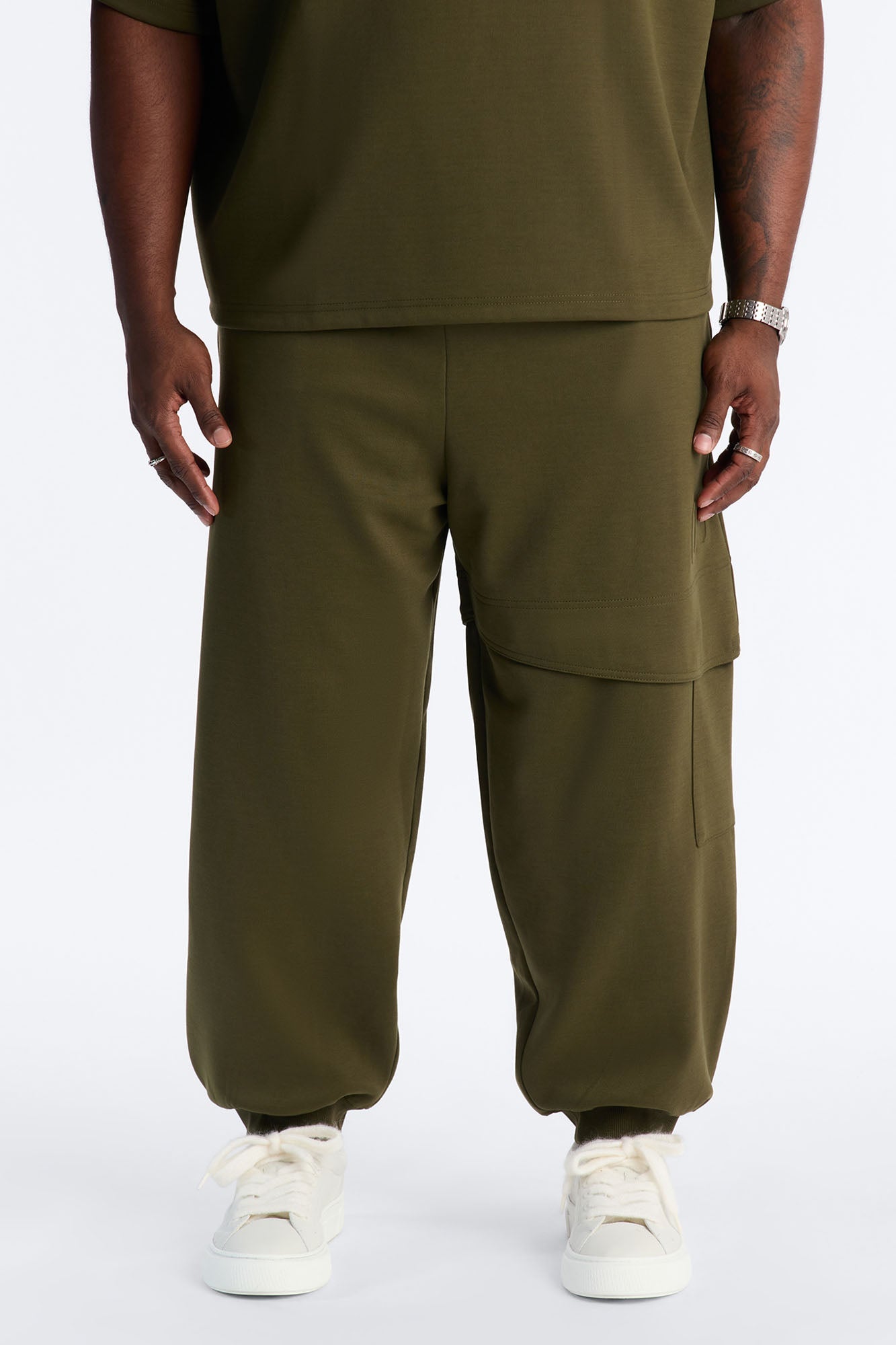 Structured Fleece Embossed Cargo Joggers - Olive