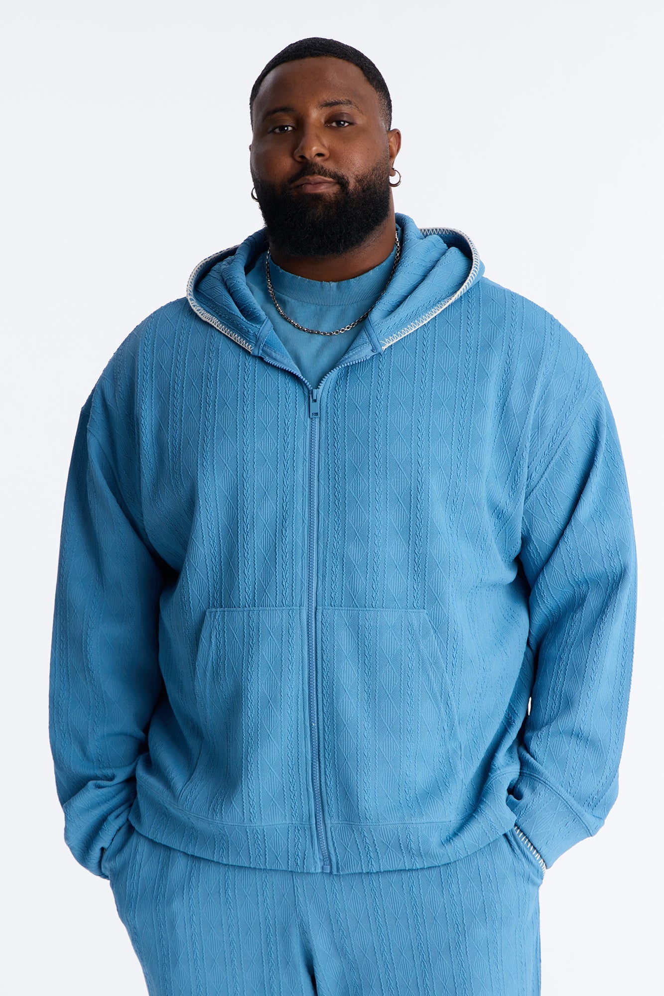 Cable Knit Textured Stitched Hooded Jacket - Blue