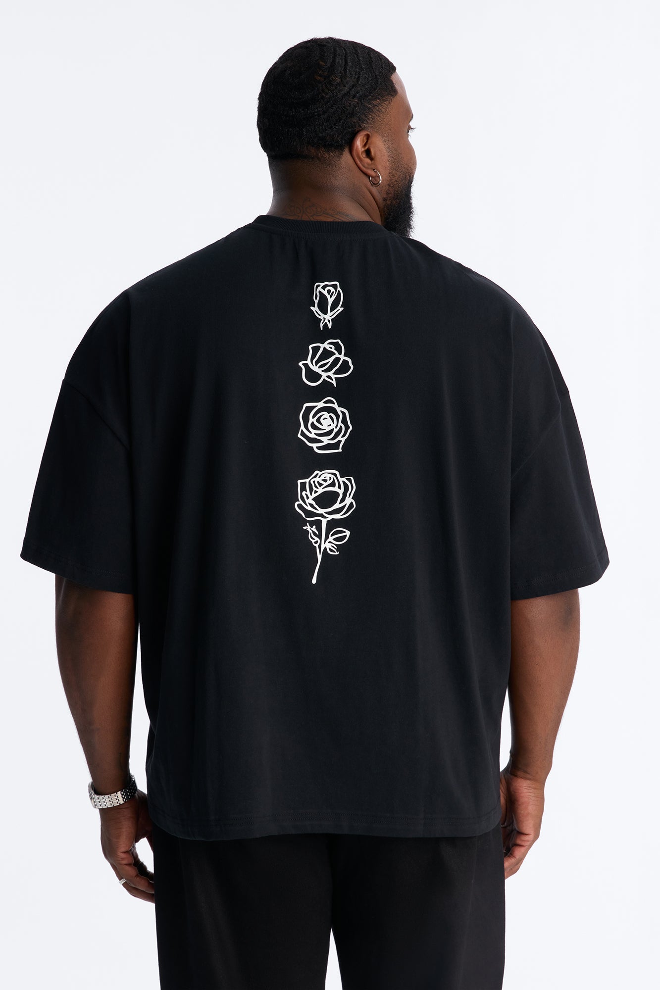 Premium Rose Embroidered Oversized Short Sleeve Tee - Black