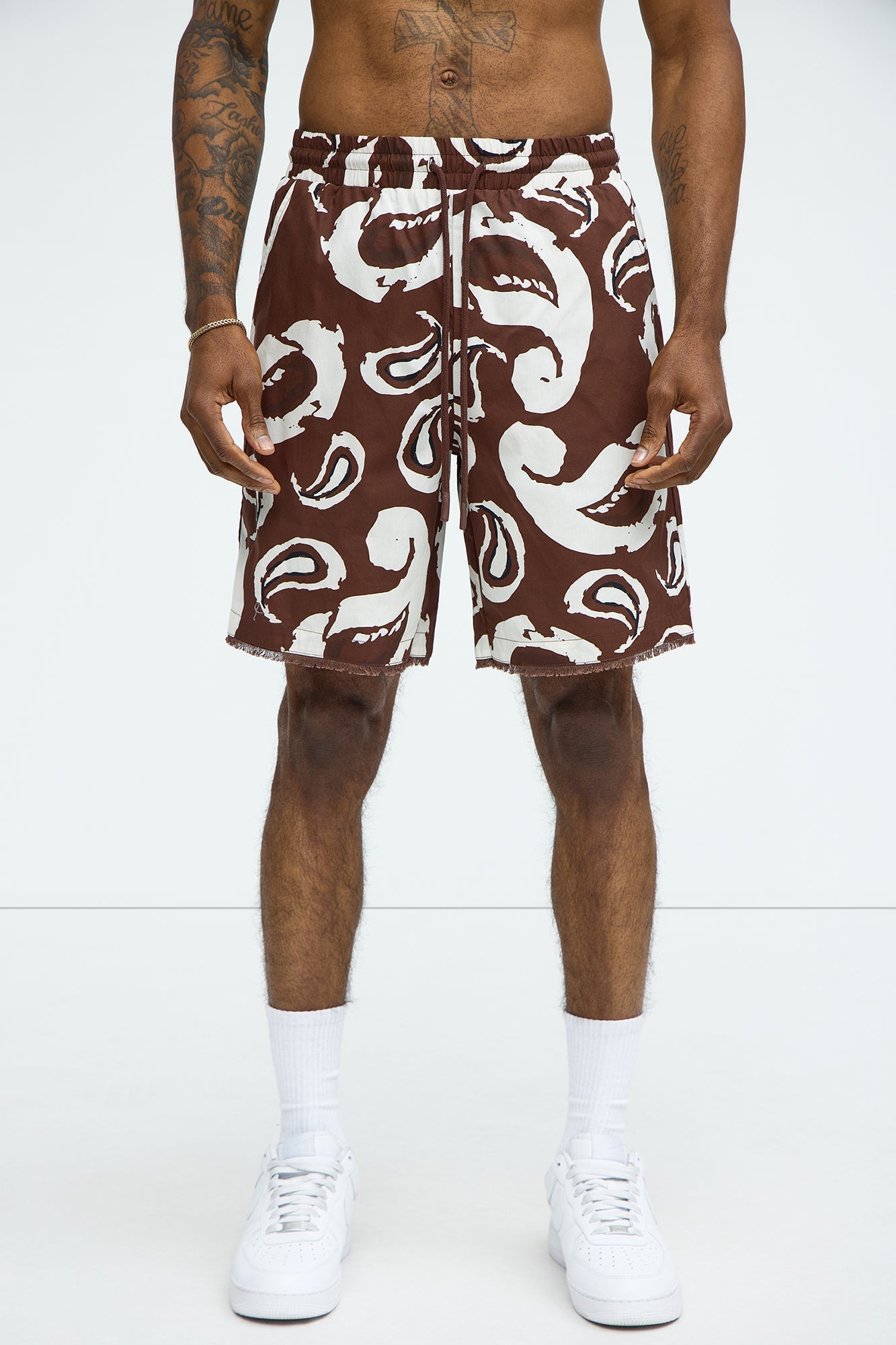 Paisley Print Frayed Shorts - Brown/combo