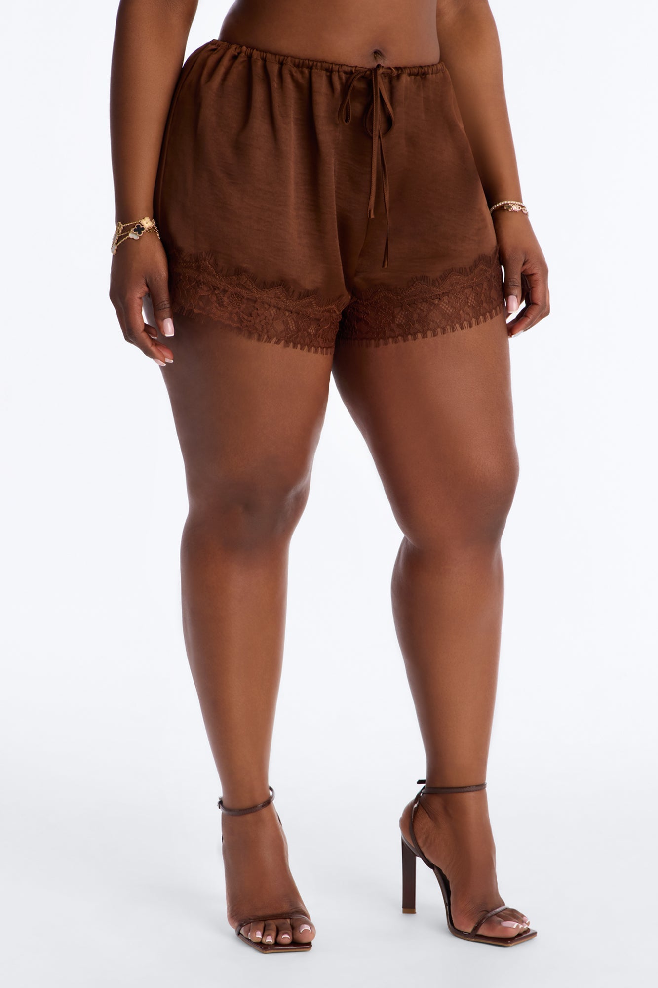 Romance Me Satin Lace Trim Short - Brown