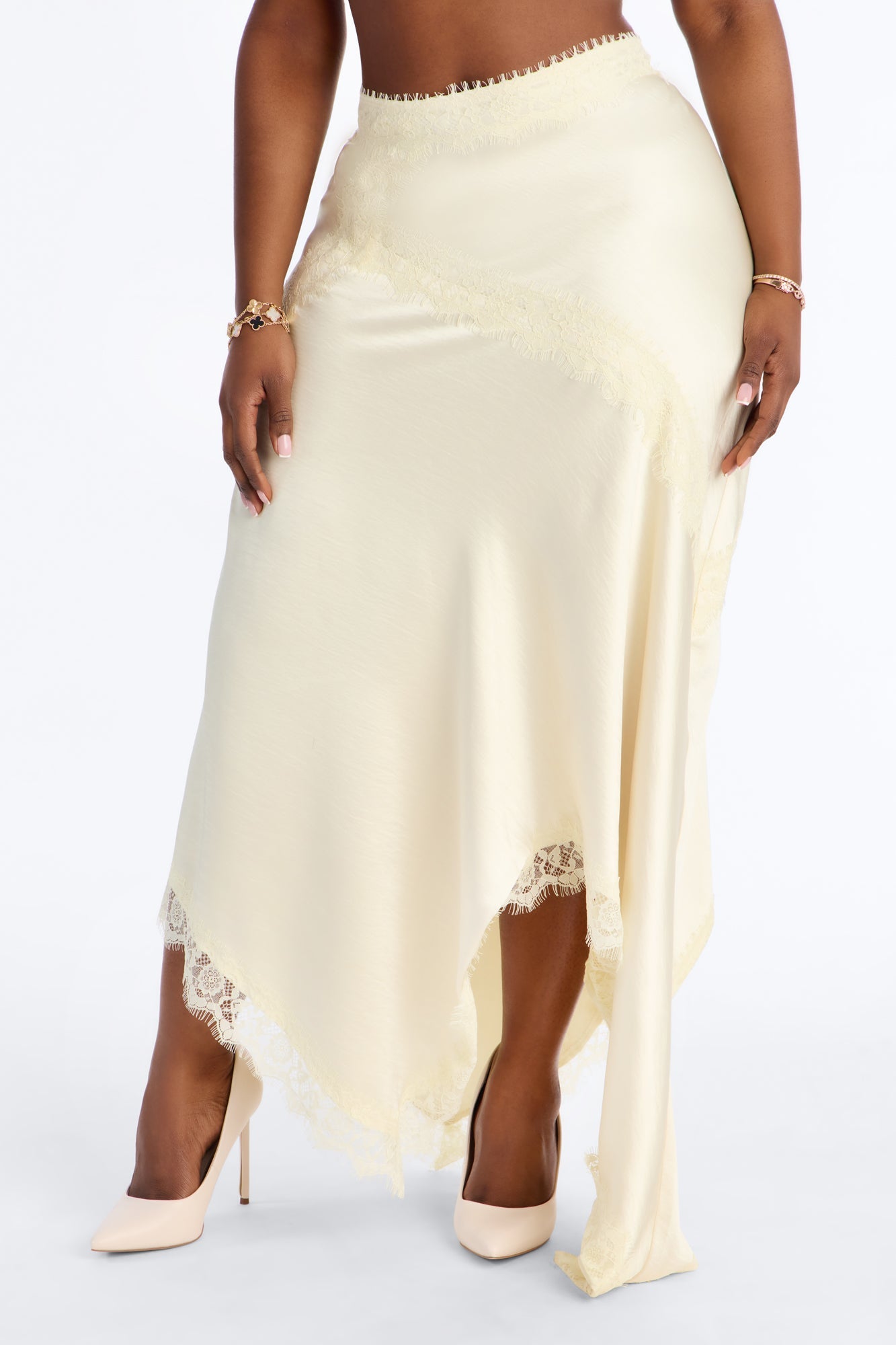 Romance Me Satin Lace Trim Midi Skirt - Off White