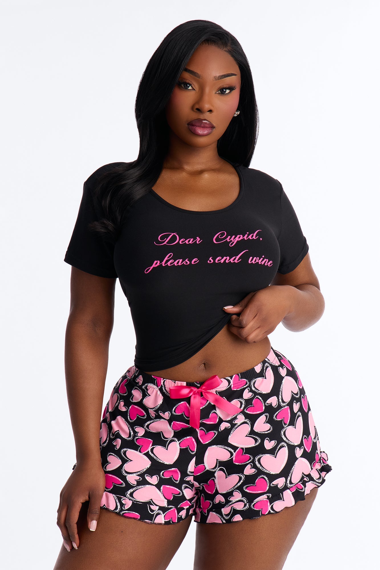 Dear Cupid Short Sleeve PJ Short Set - Black/Pink