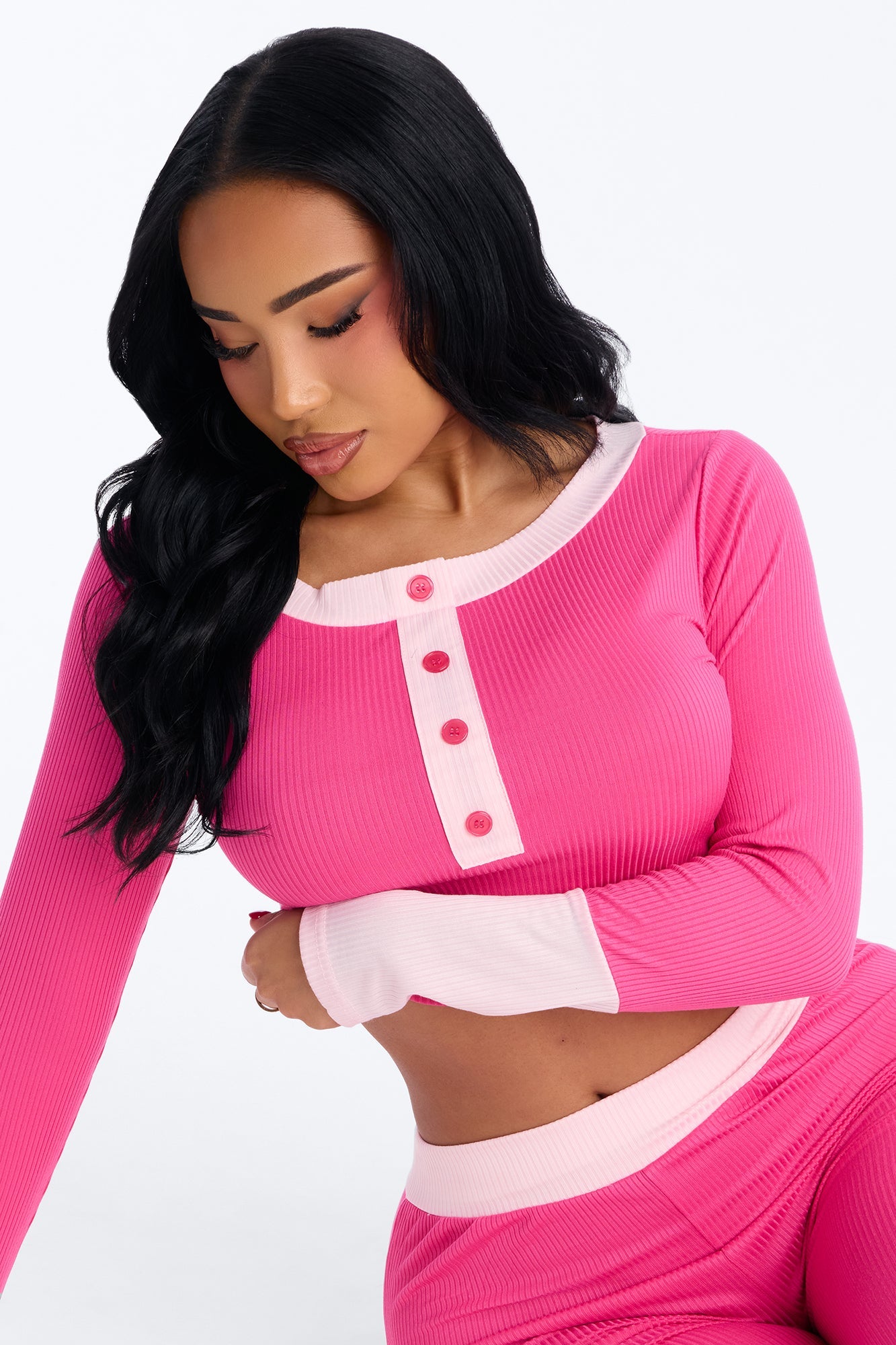 Still Napping Ribbed Long Sleeve PJ Pant Set - Hot Pink