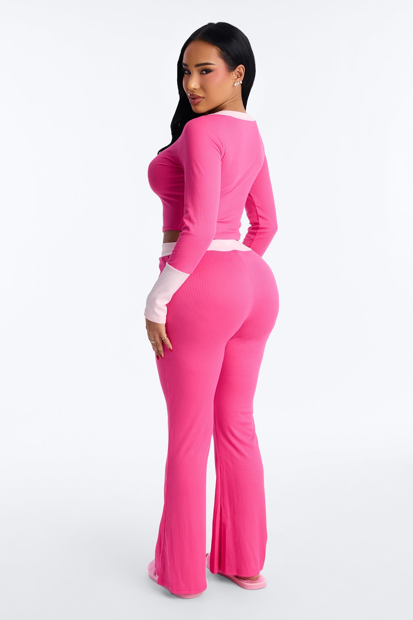 Still Napping Ribbed Long Sleeve PJ Pant Set - Hot Pink