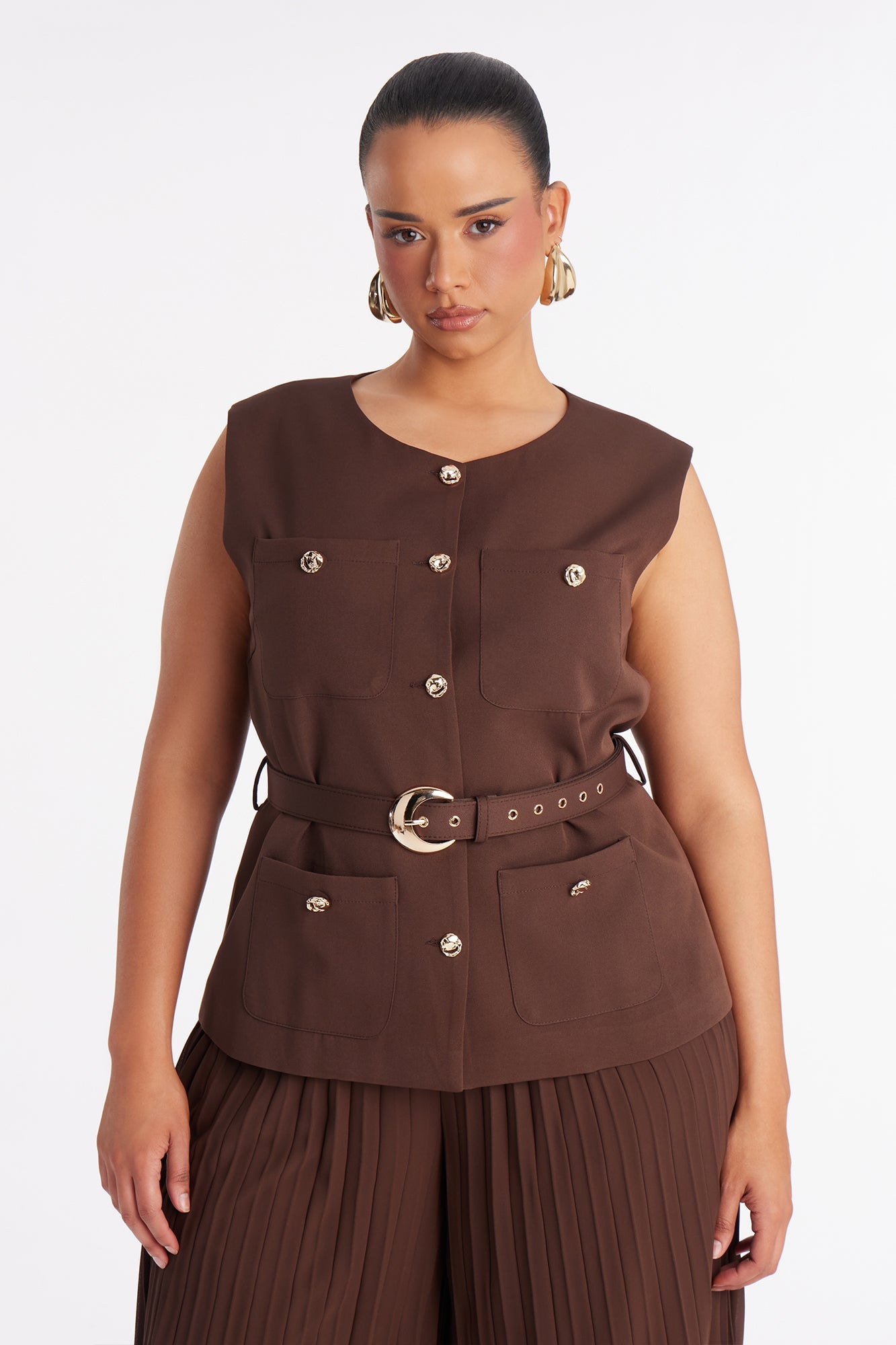 Grace Belted Vest Pant Set - Chocolate