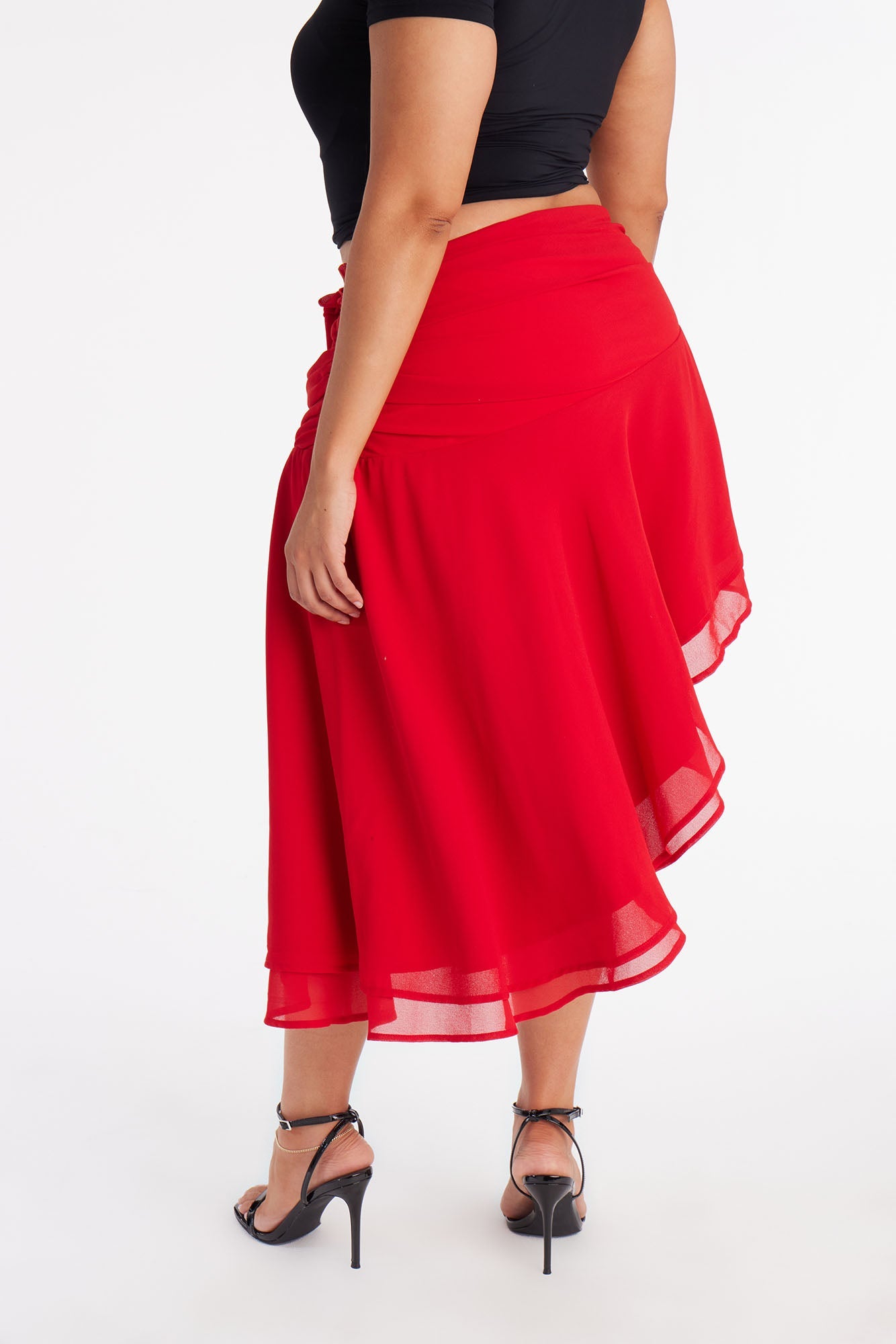 Analisa Asymmetric Ruched Midi Skirt - Red