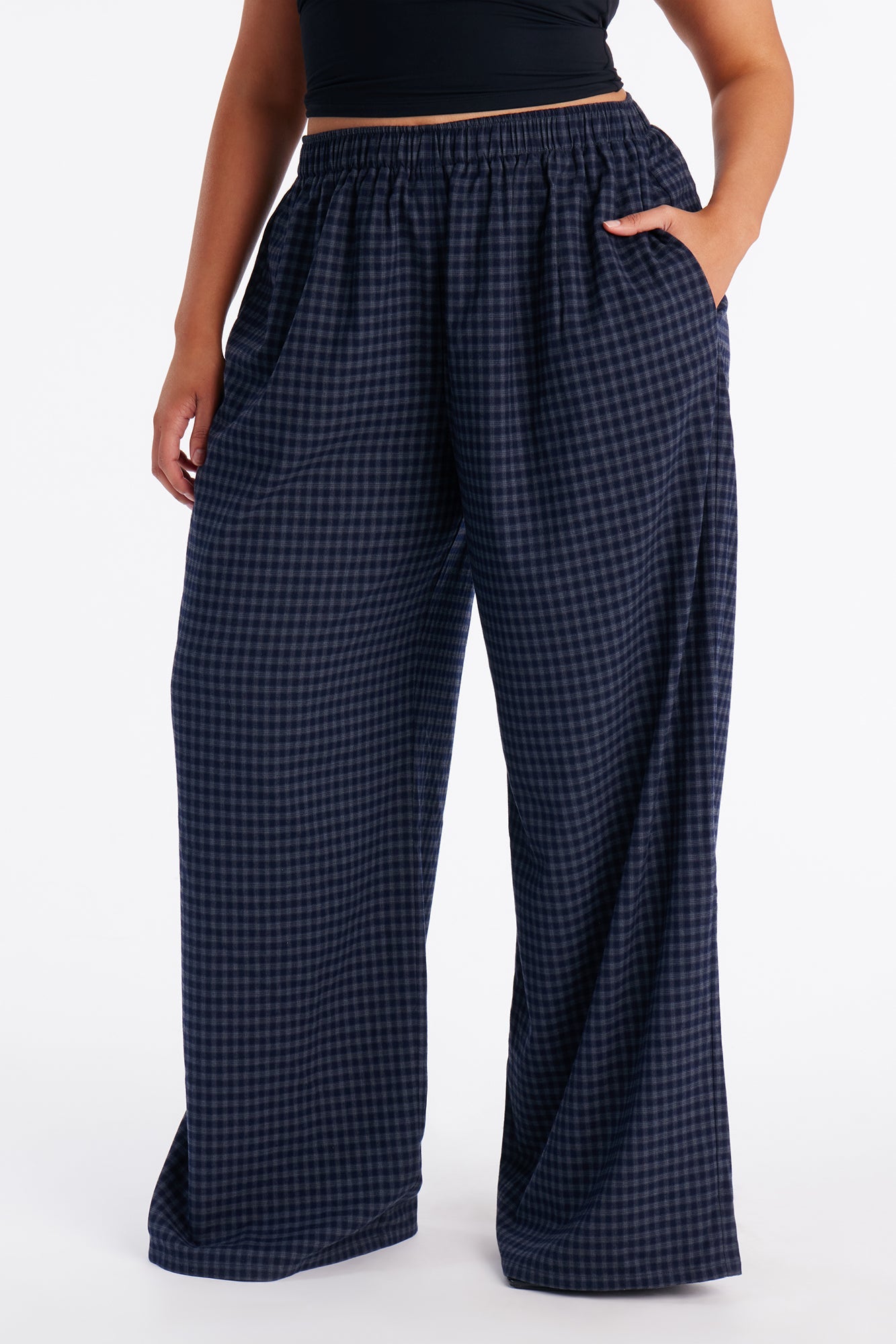 Clover Gingham Boxer Wide Leg Pant 33″ - Navy