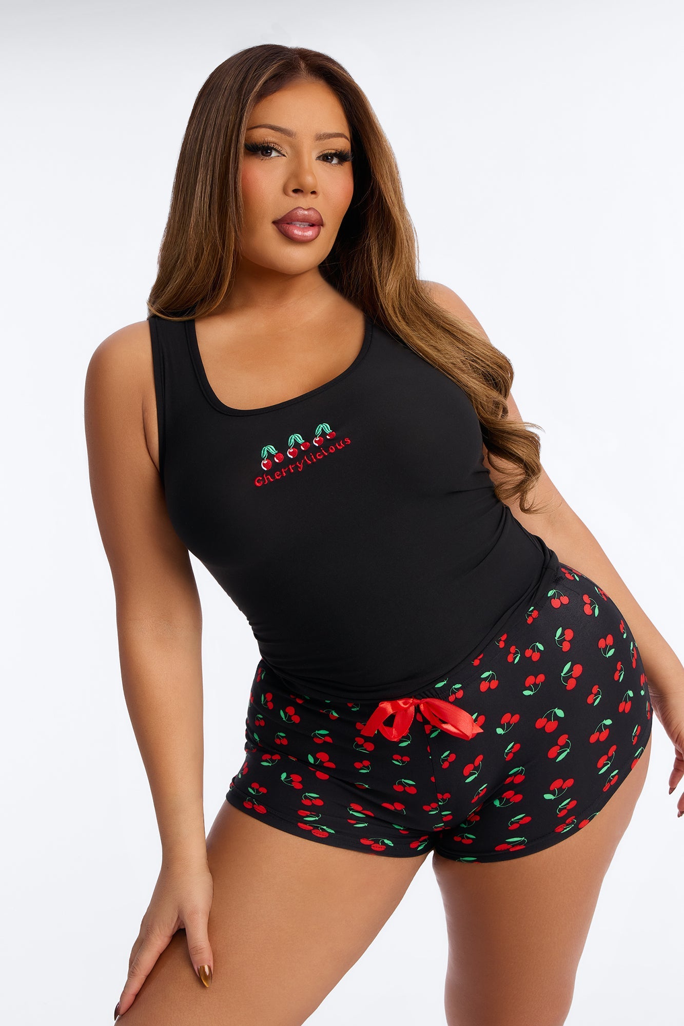 Cherrylicious Tank PJ Short Set - Black/Red