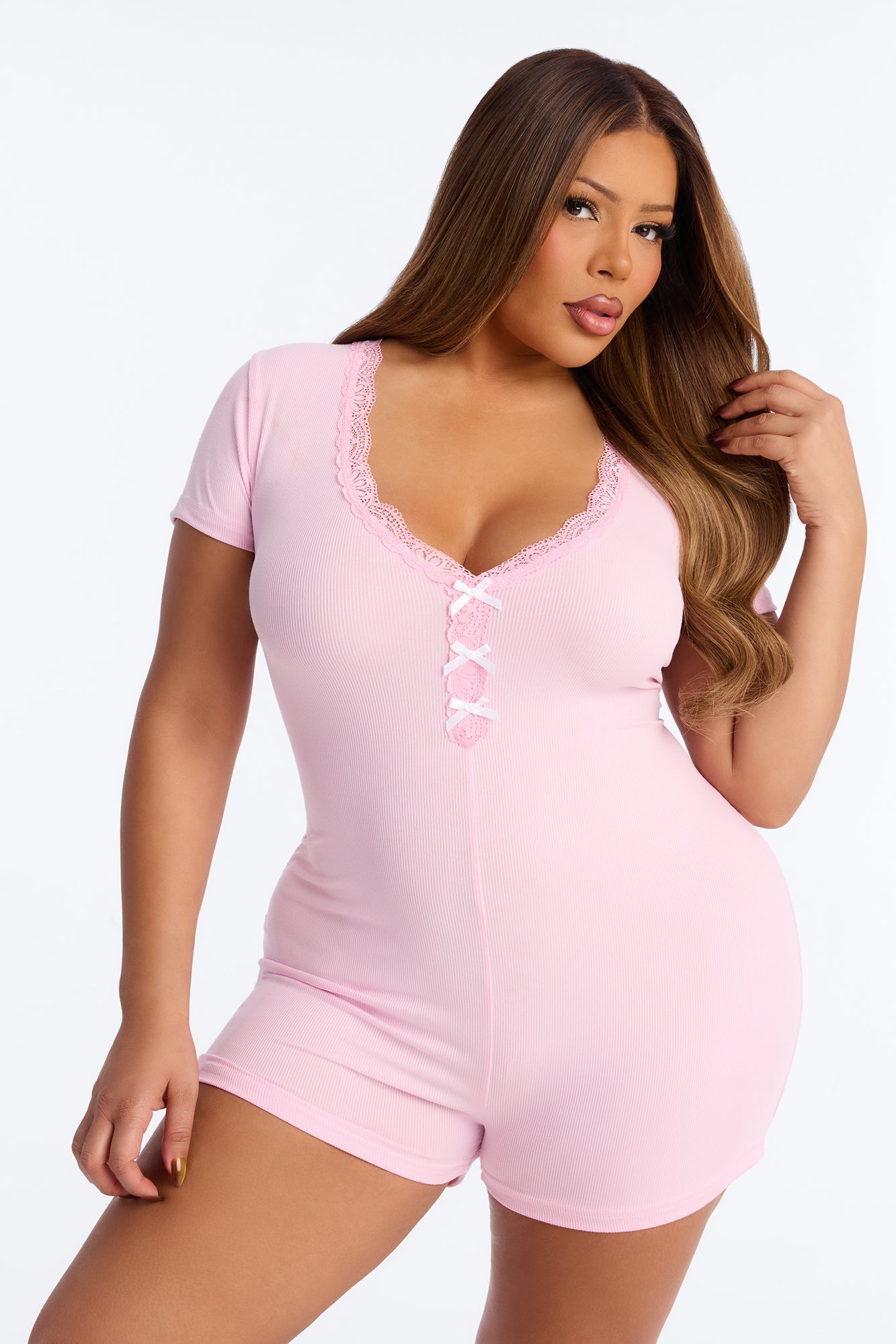 Thinking Of You Ribbed Short Sleeve PJ Romper Onesie - Pink