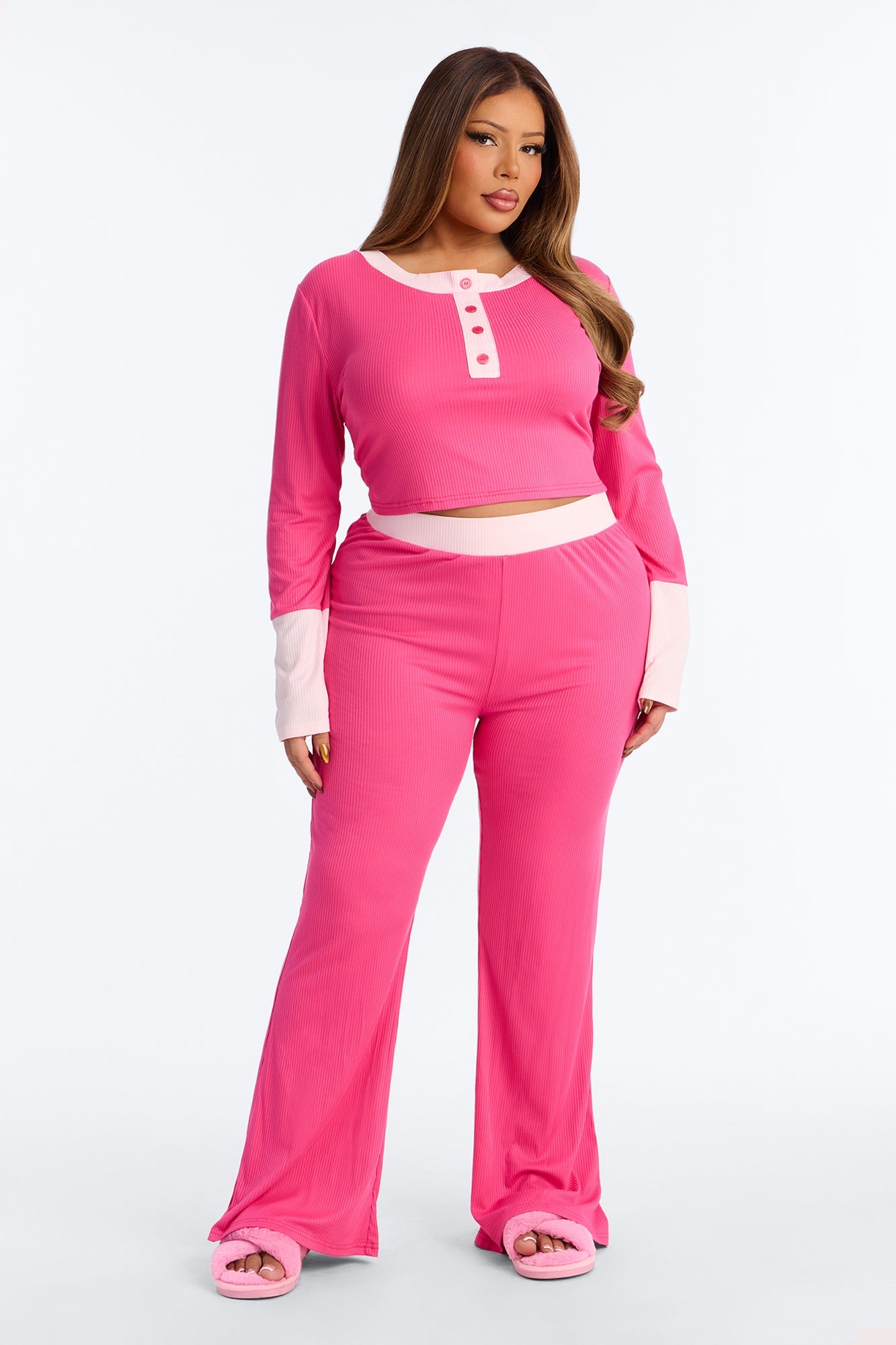 Still Napping Ribbed Long Sleeve PJ Pant Set - Hot Pink