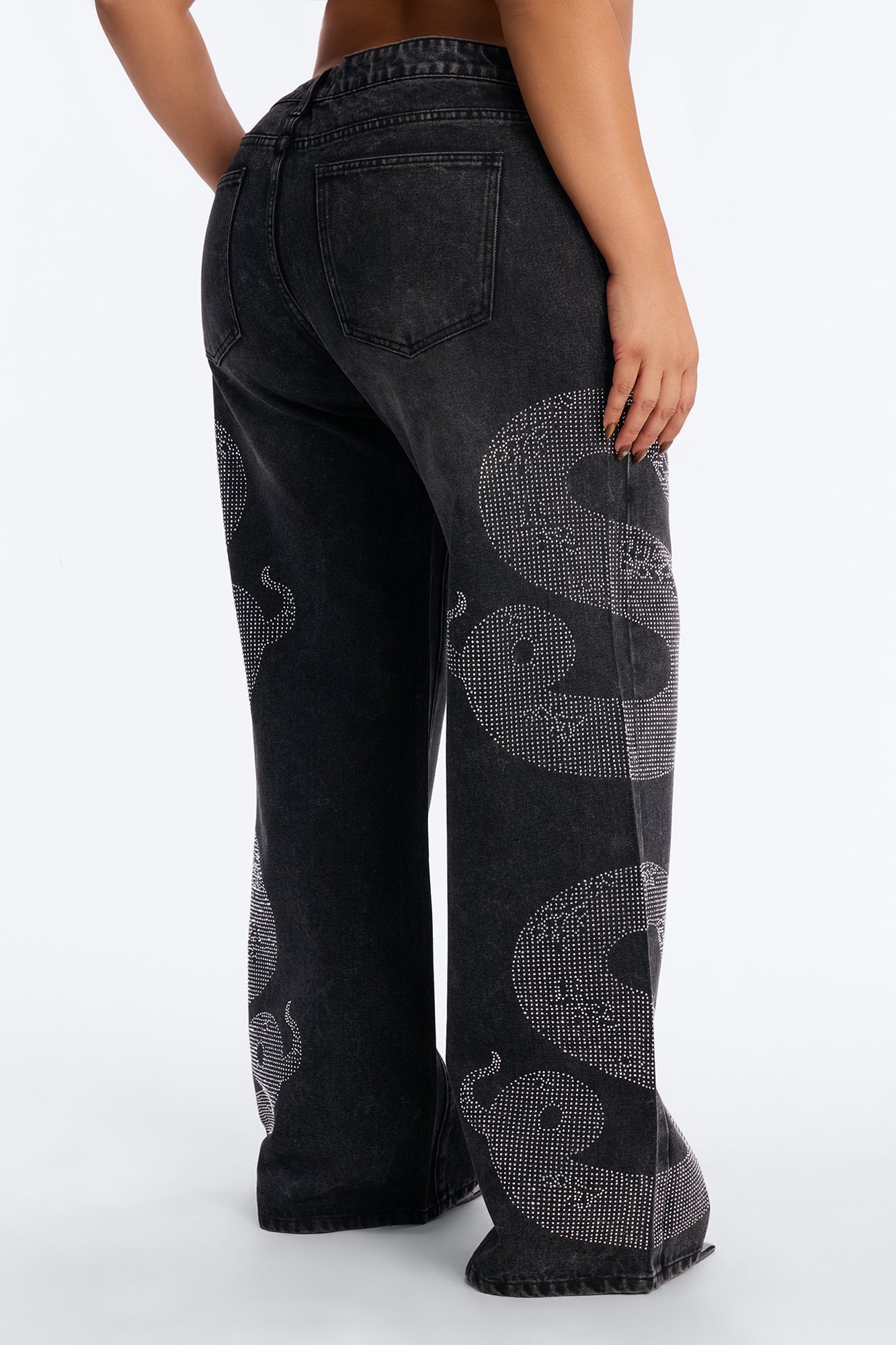 Westside Snake Embellished Low Rise Wide Leg Jean - Black Wash