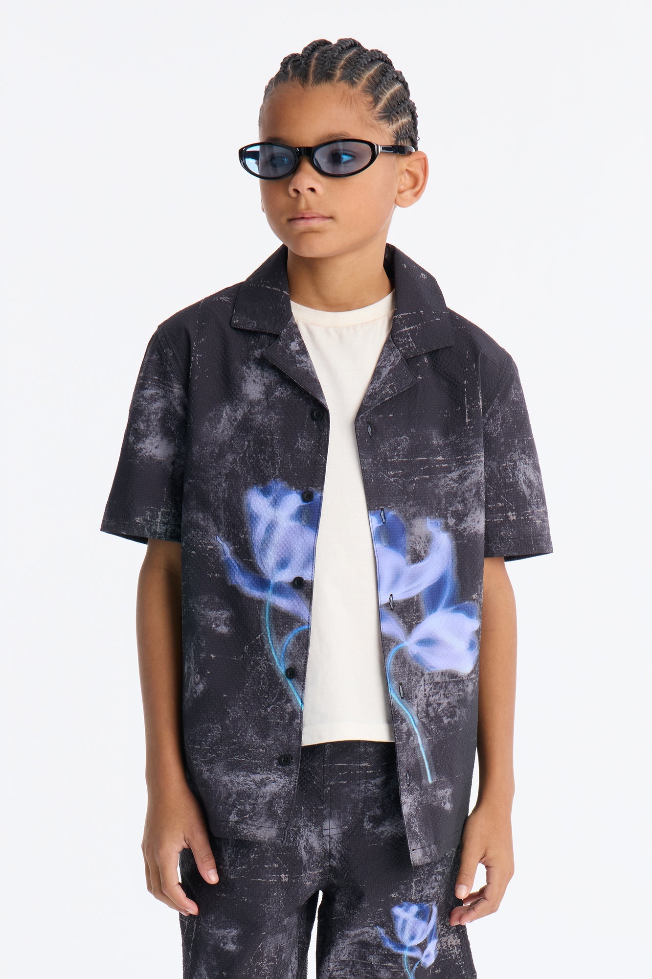 Mini Relaxed Violetstatic Seersucker Cuban Collar Button Up Shirt - Black