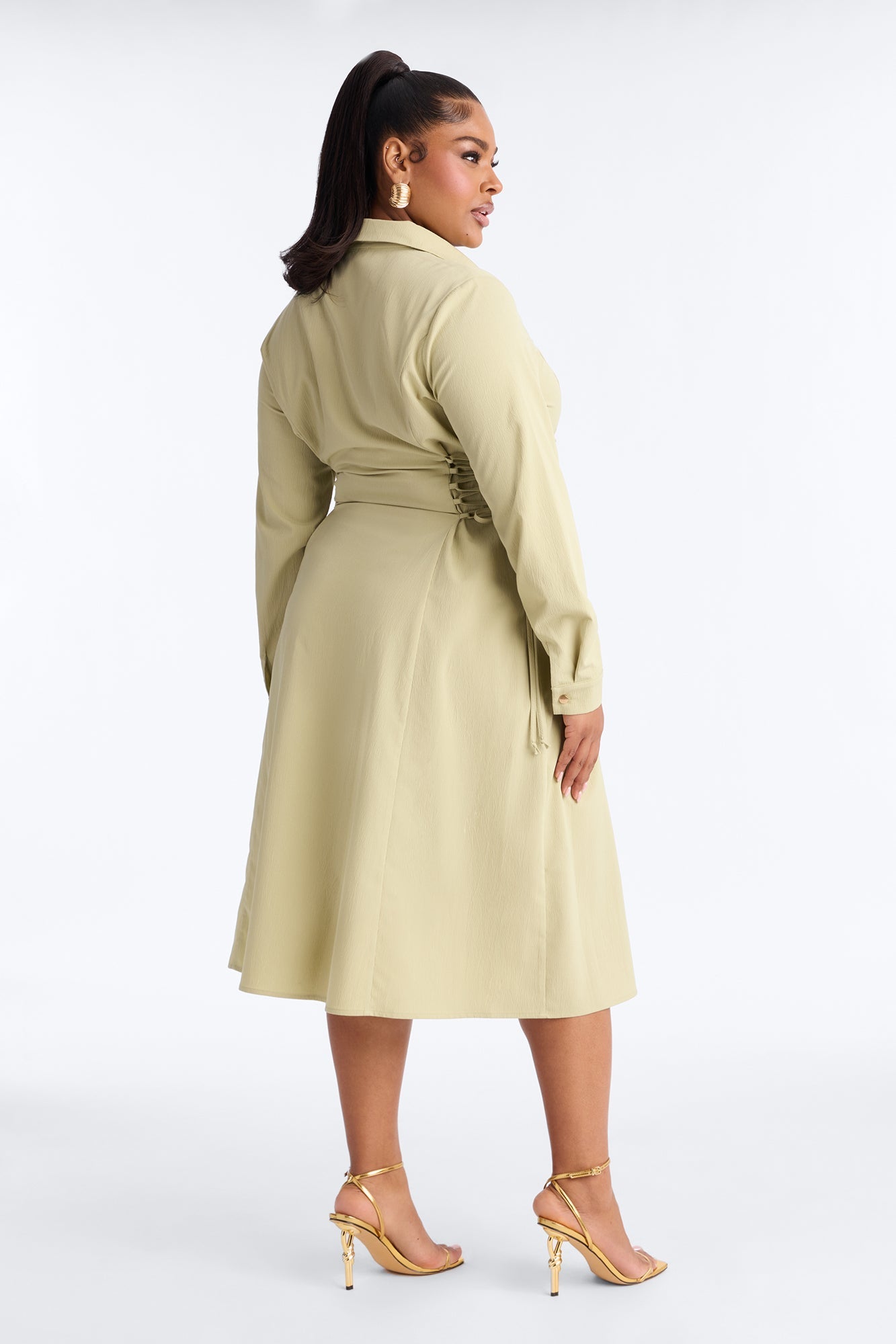 Josephine Collar Long Sleeve Midi Dress - Sage