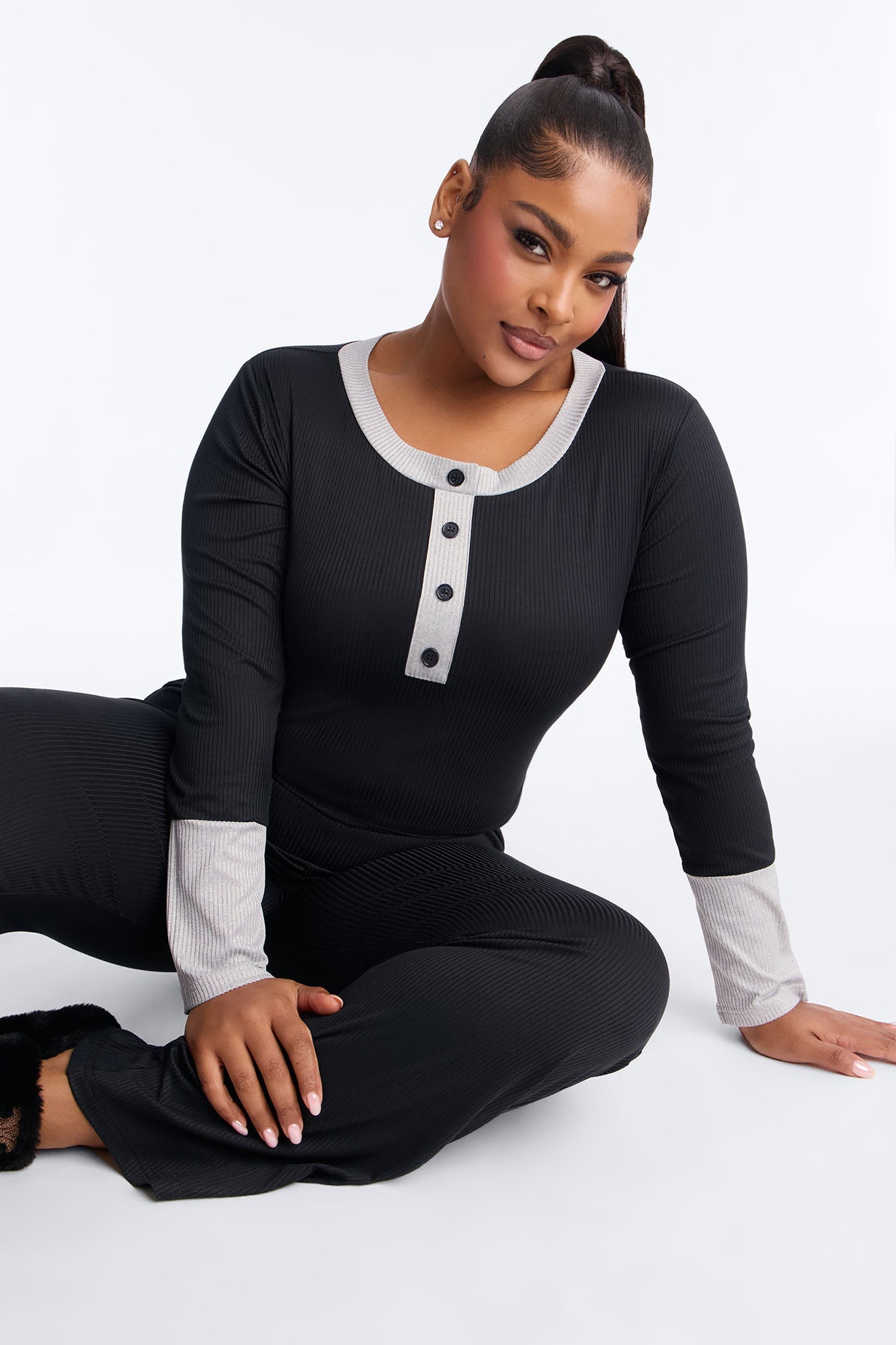 Still Napping Ribbed Long Sleeve PJ Pant Set - Black