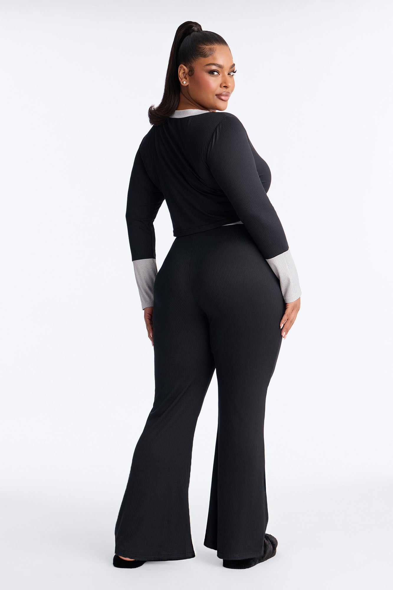 Still Napping Ribbed Long Sleeve PJ Pant Set - Black
