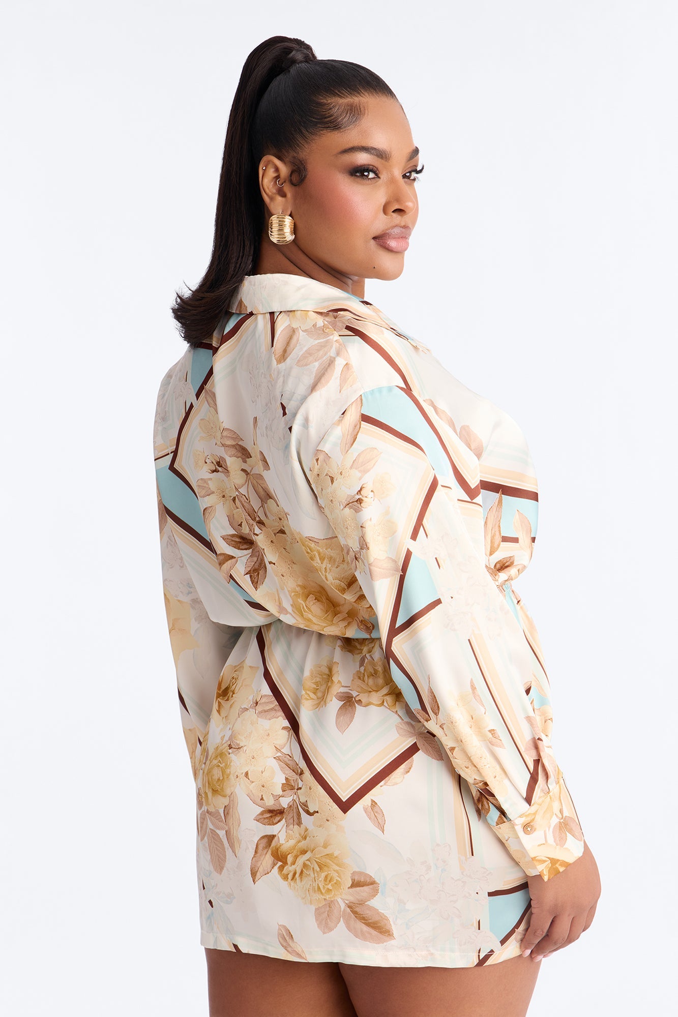 Madeleine Long Sleeve Satin Mini Dress - Ivory/combo