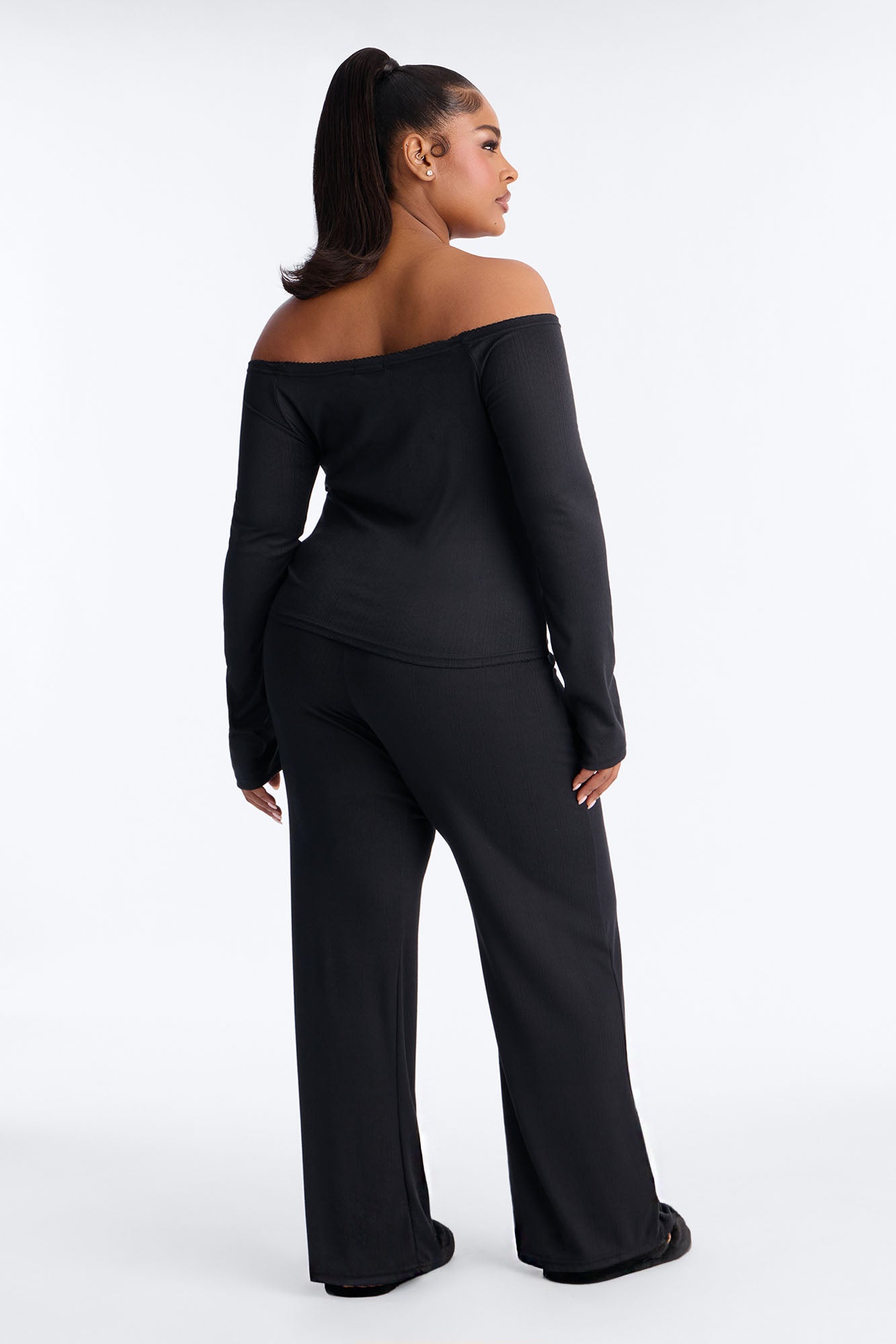 Romance Dreams Off Shoulder Pointelle PJ Pant Set - Black