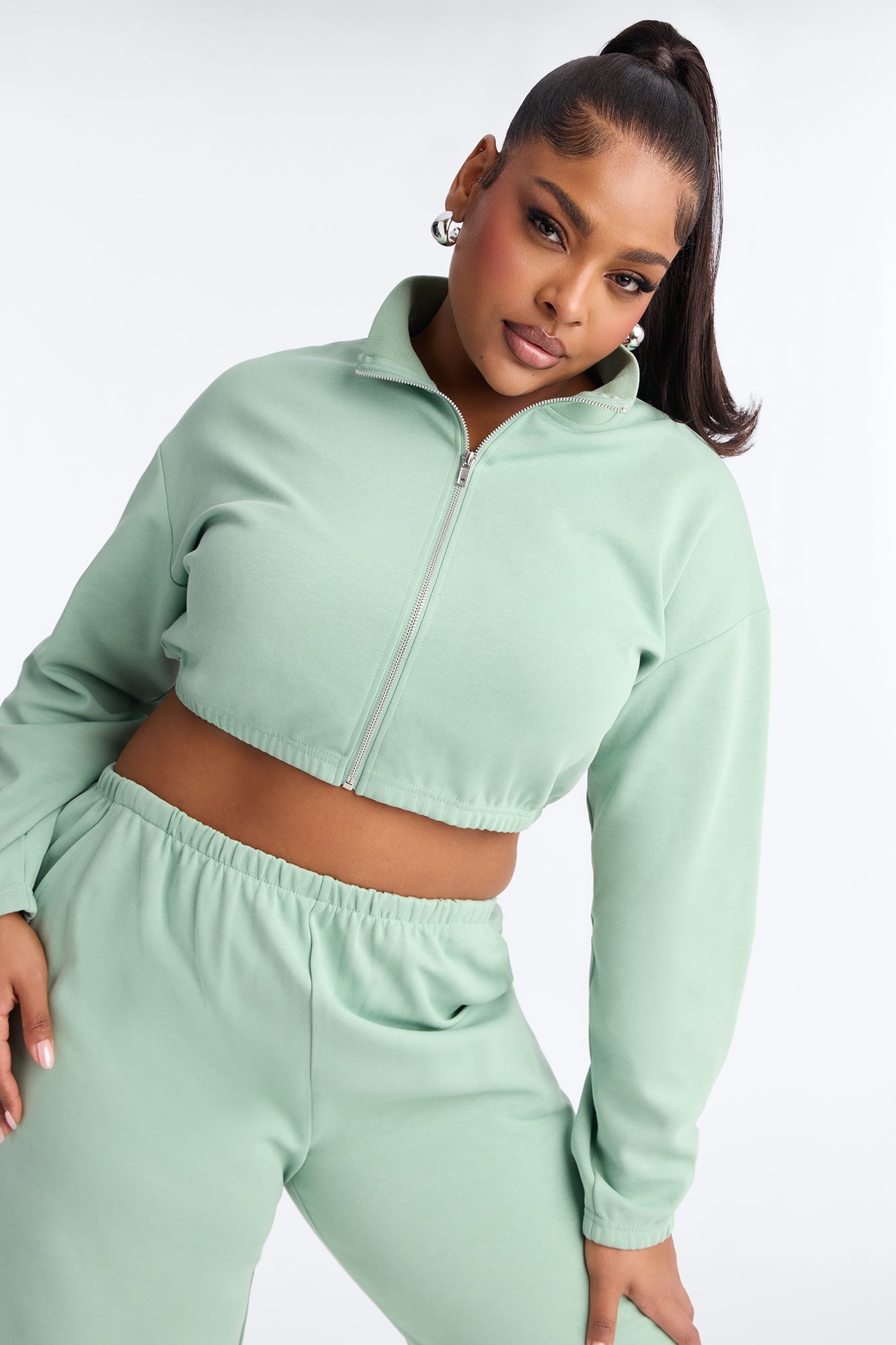 Audrina Funnel Neck Cropped Bomber Pant Set - Sage
