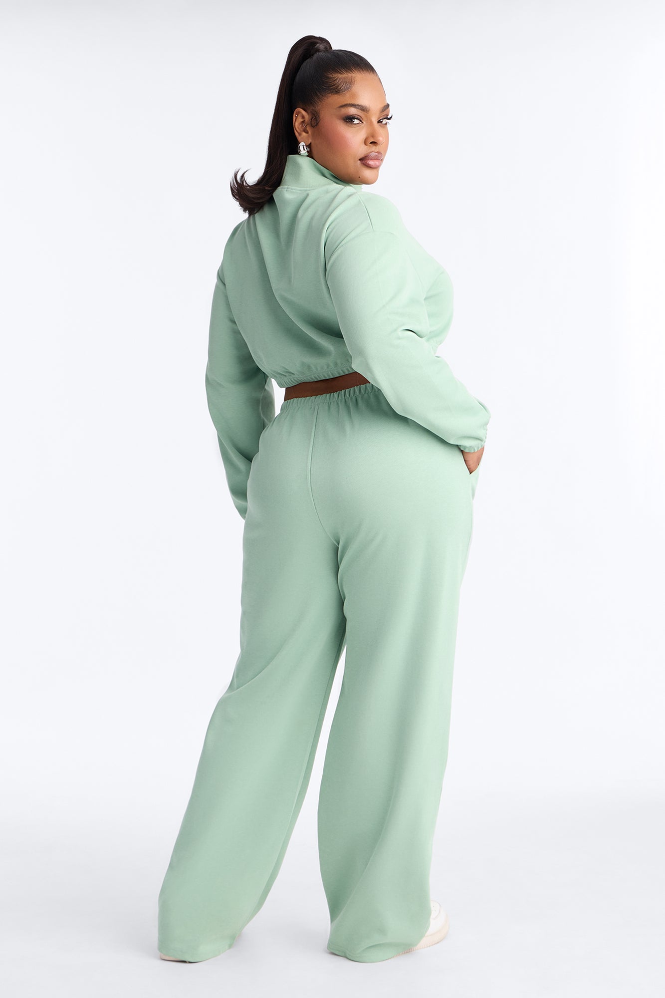 Audrina Funnel Neck Cropped Bomber Pant Set - Sage