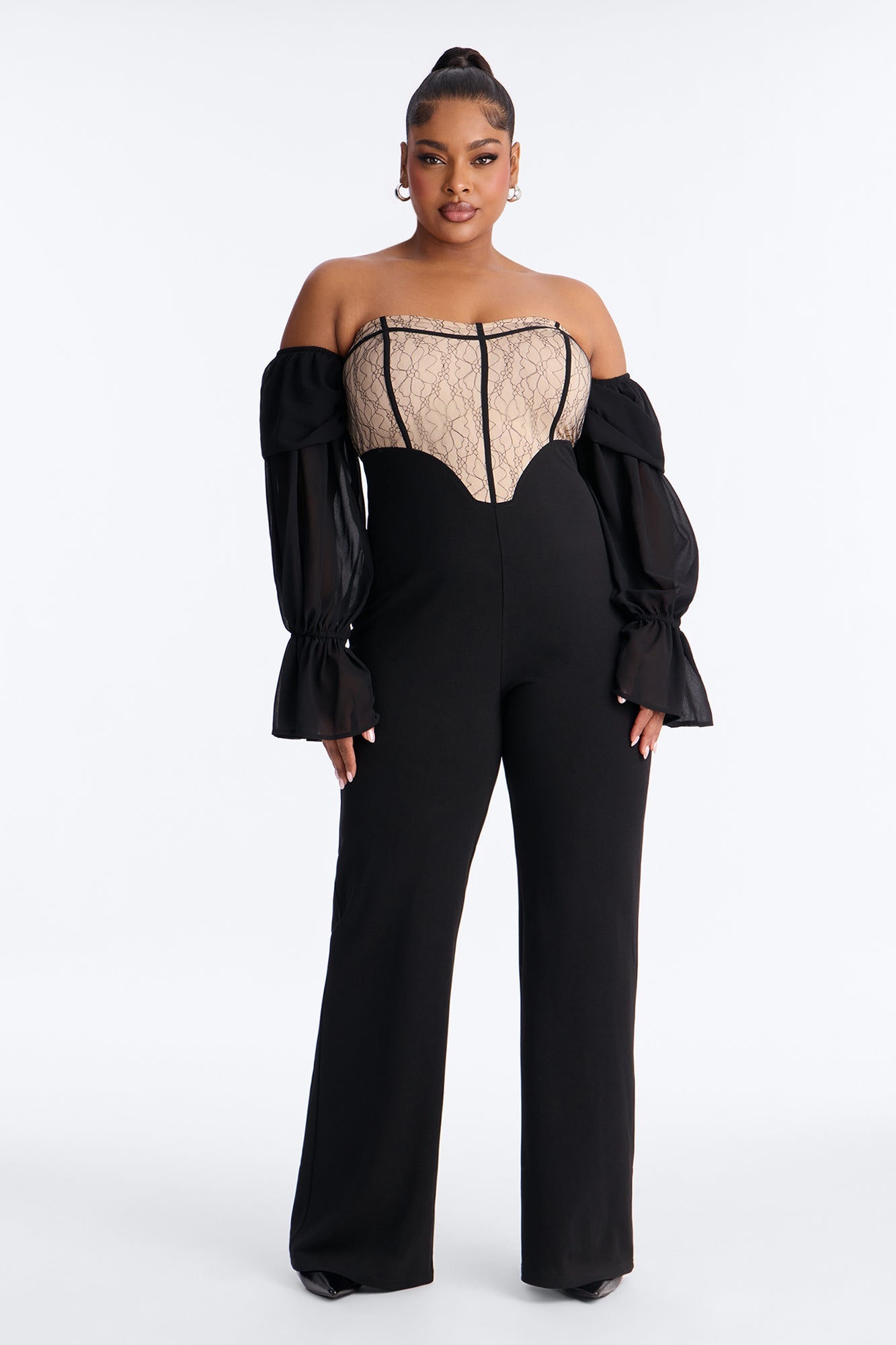Janelle Lace Trim Flare Leg Jumpsuit - Black