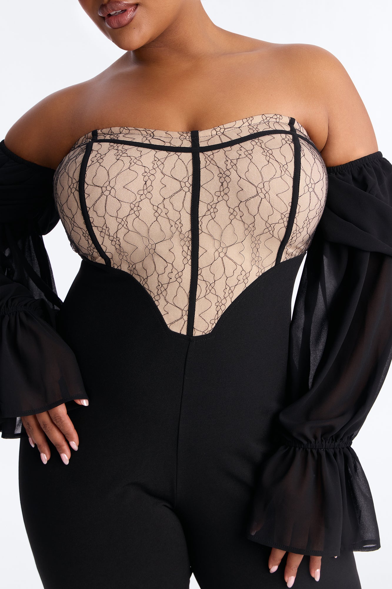 Janelle Lace Trim Flare Leg Jumpsuit - Black