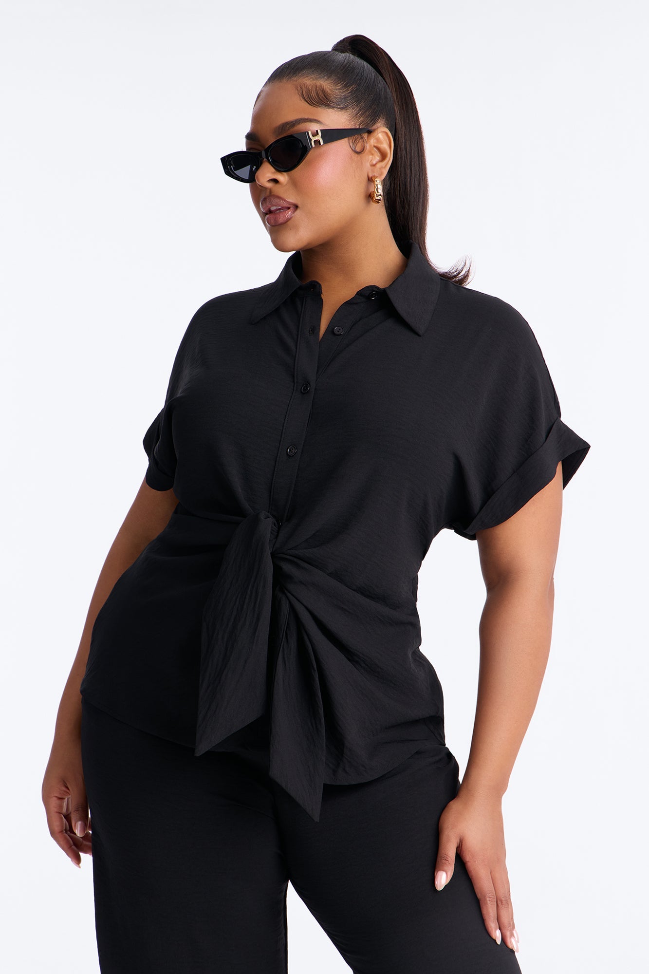 Makela Tie Front Wide Leg Pant Set - Black